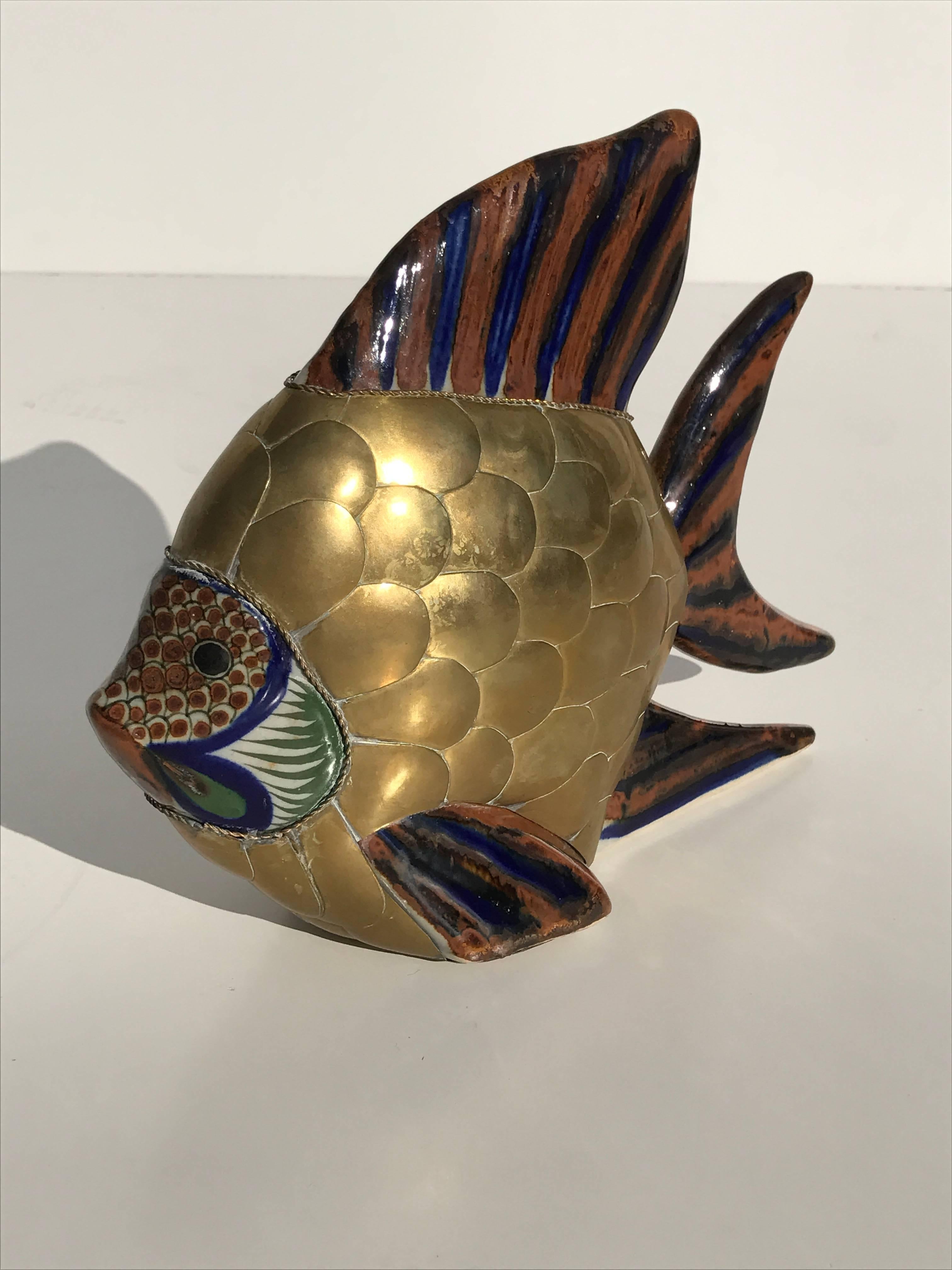 Glazed Pair of Brass and Ceramic Fish Sculptures Attributed to Sergio Bustamante