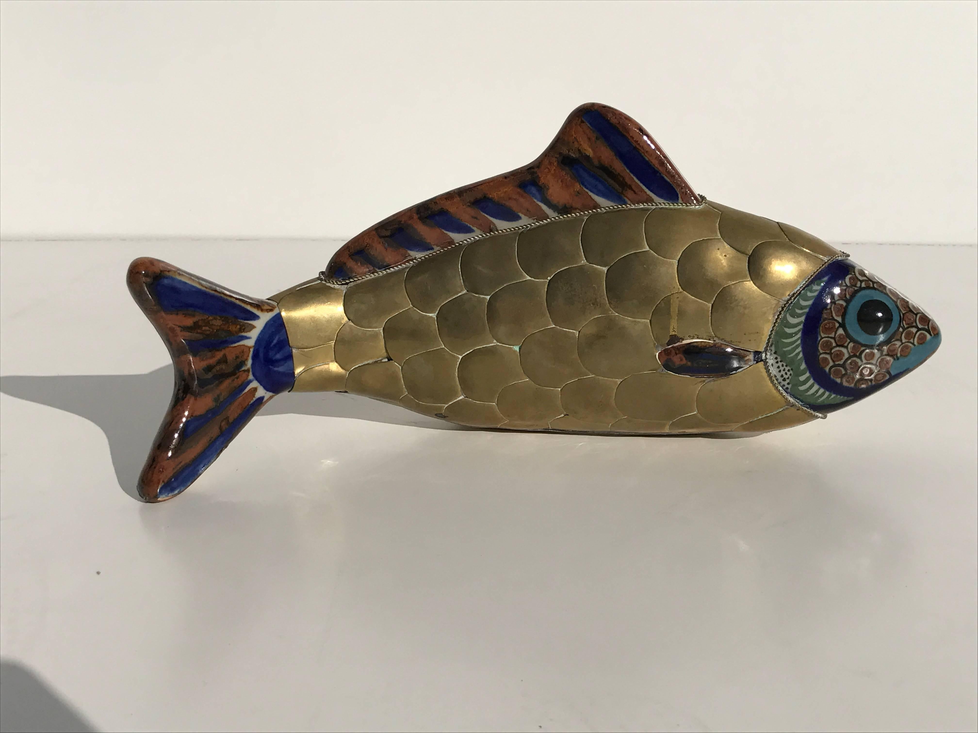 Hollywood Regency Pair of Brass and Ceramic Fish Sculptures Attributed to Sergio Bustamante