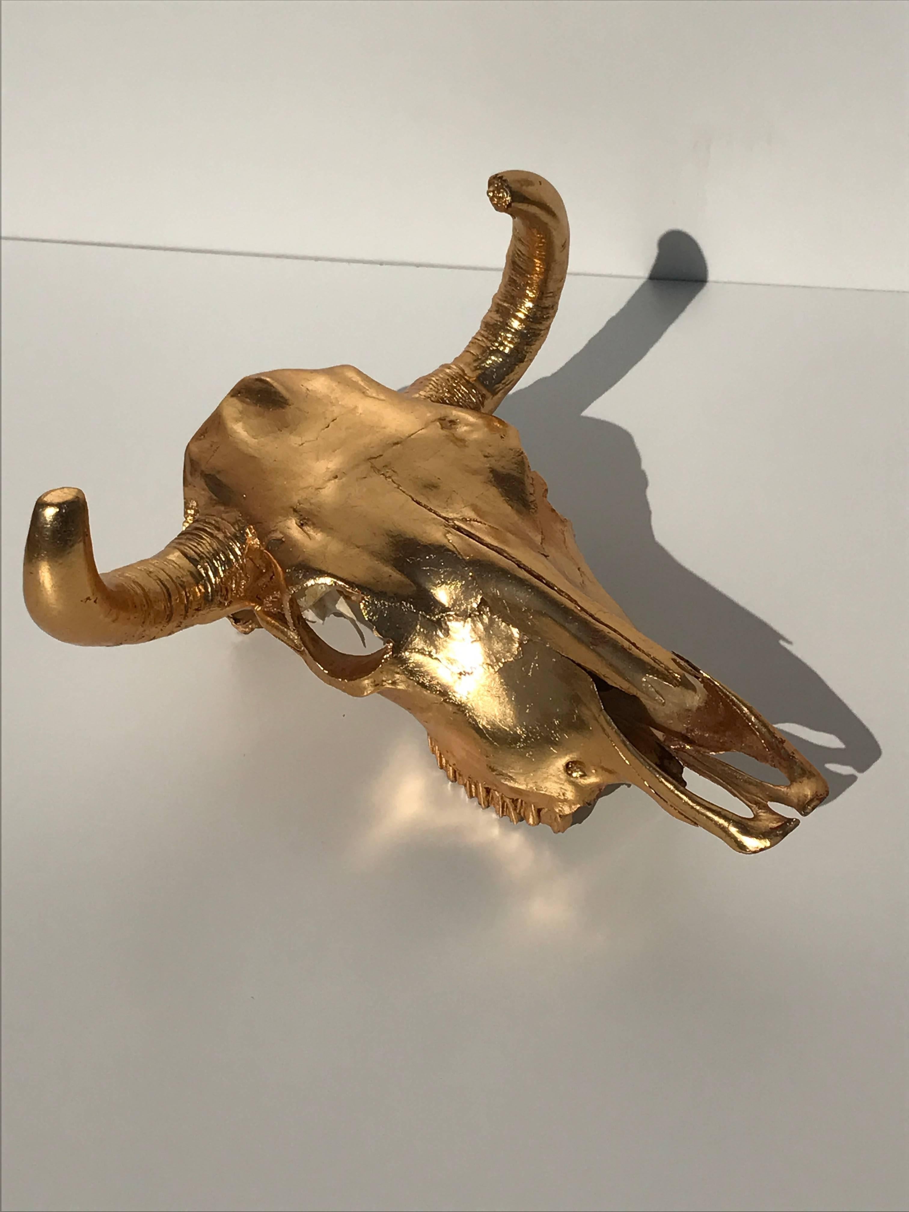 23-karat gold leafed real cow skull.