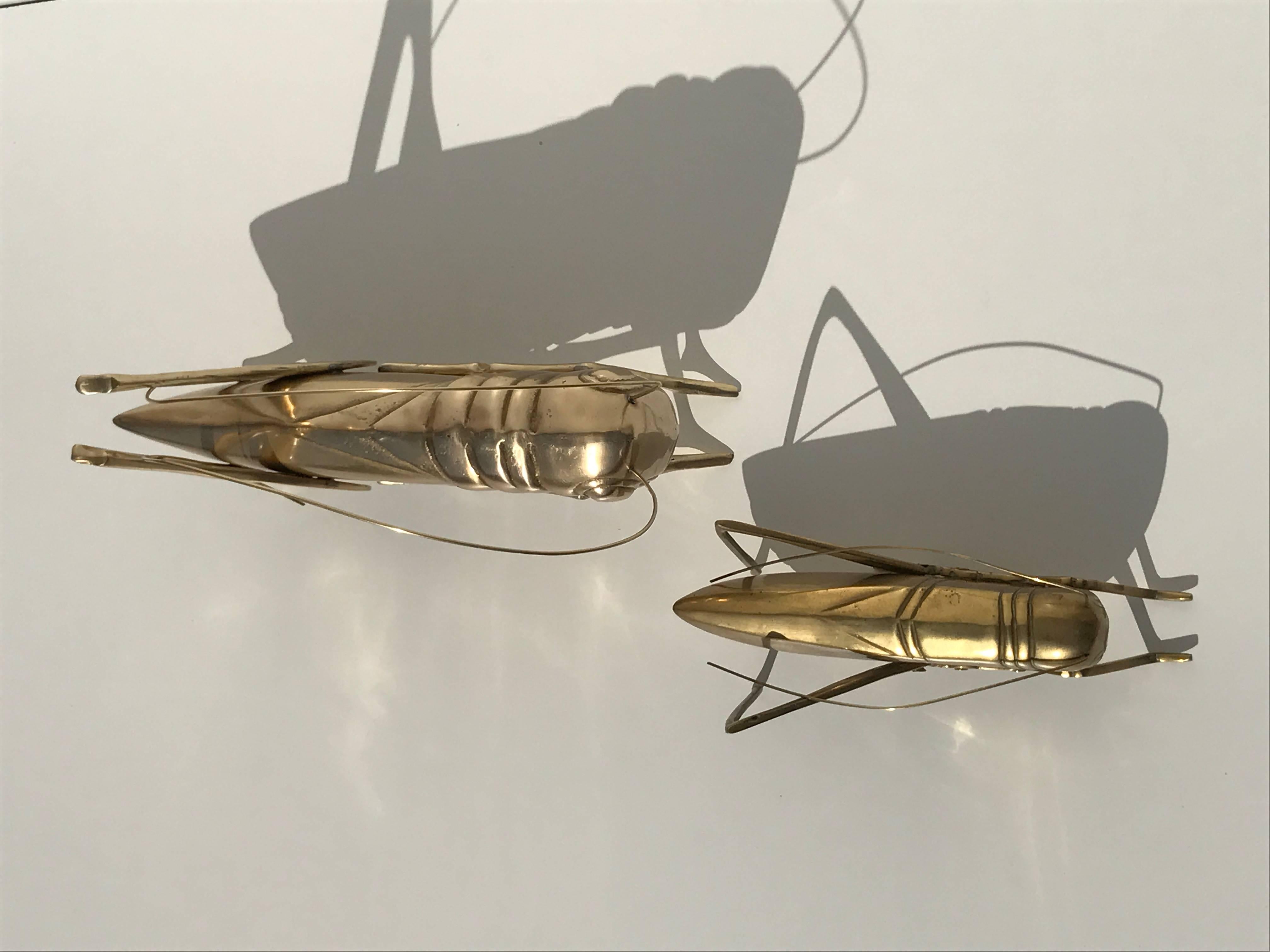 Patinated Pair of Brass Grasshopper Paperweights /Sculptures