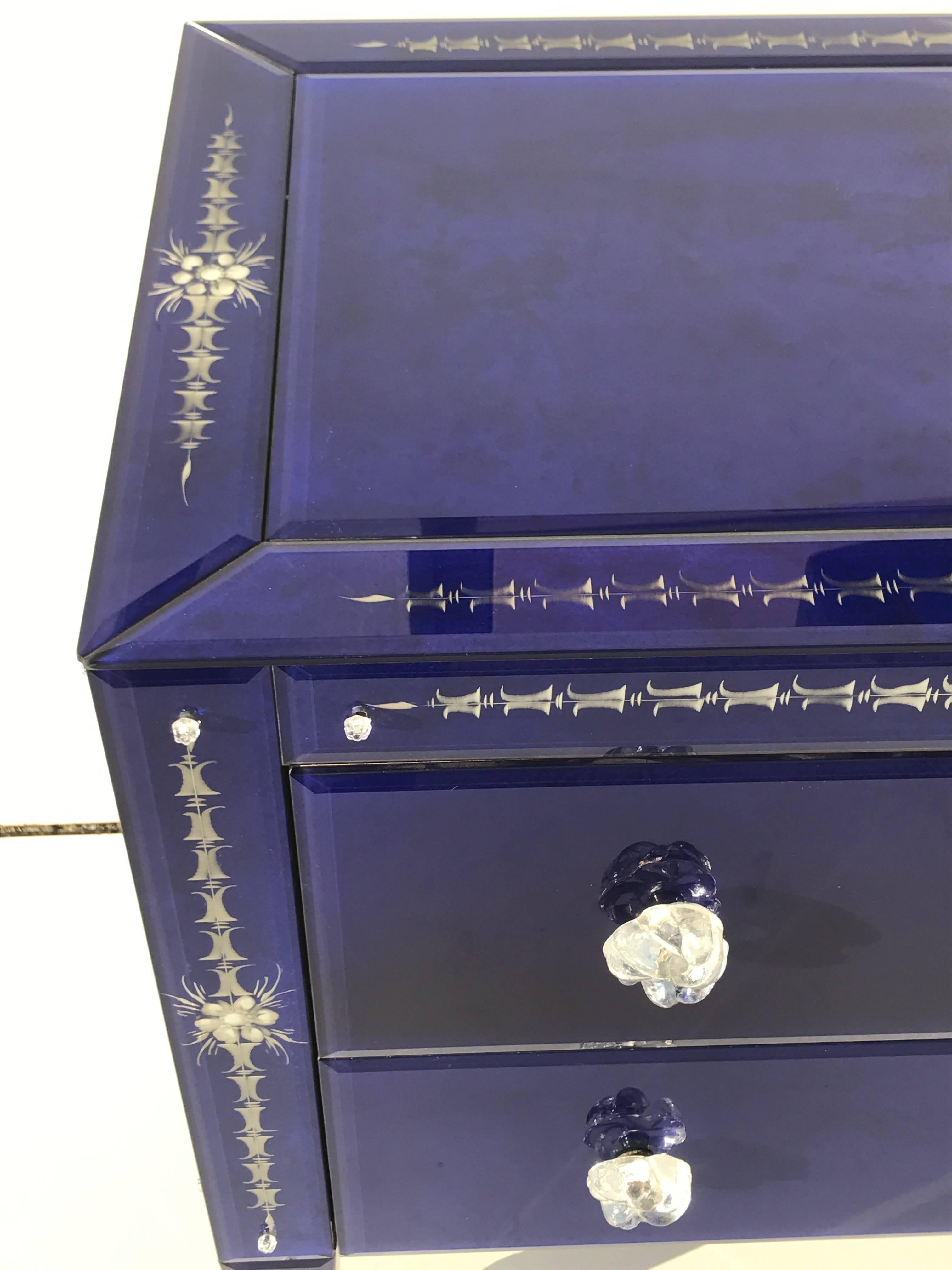 Pair of Lapis Blue Venetian Mirrored Commodes or Nightstands In Excellent Condition In North Hollywood, CA