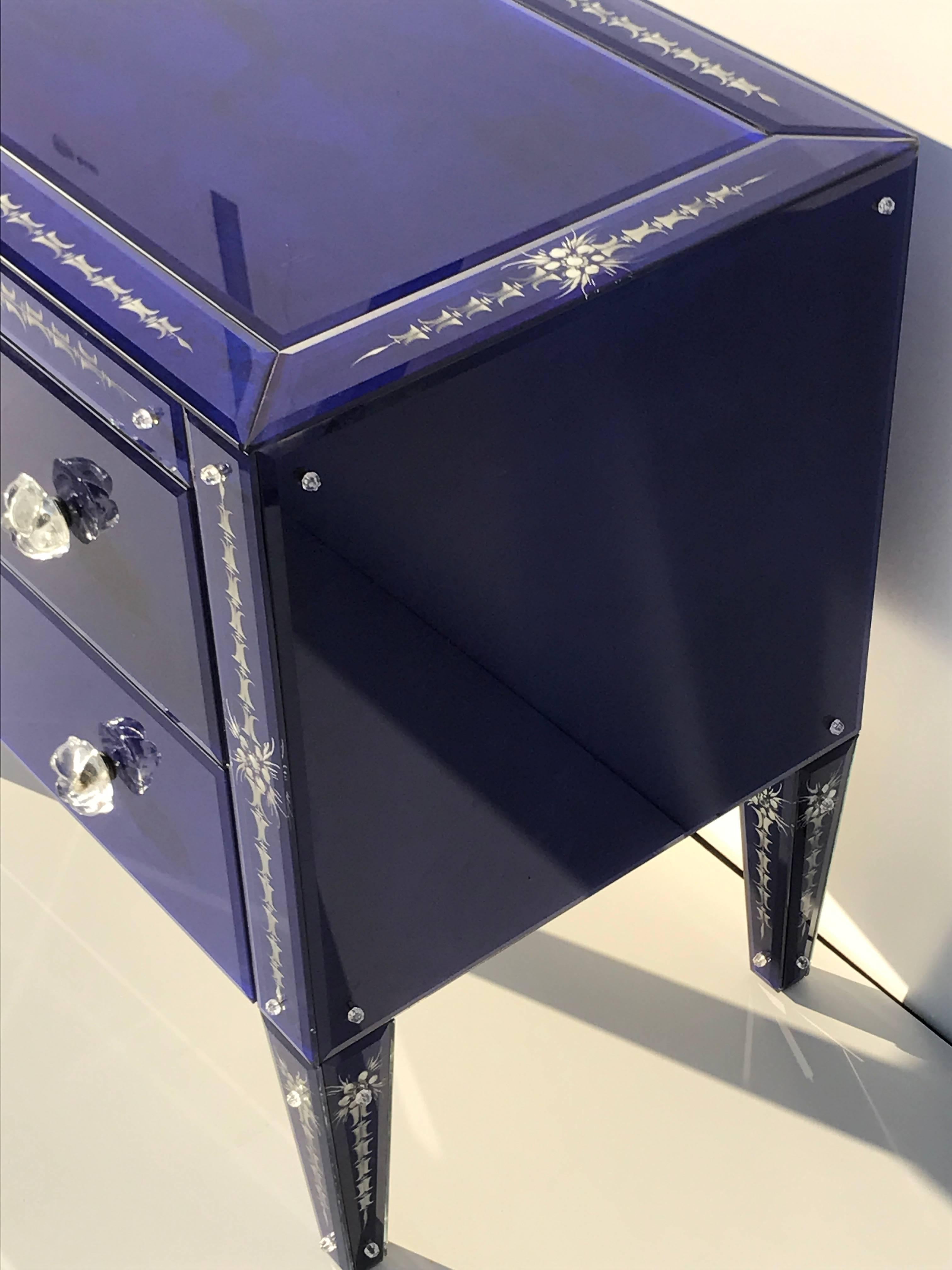 Pair of Lapis Blue Venetian Mirrored Commodes or Nightstands 2