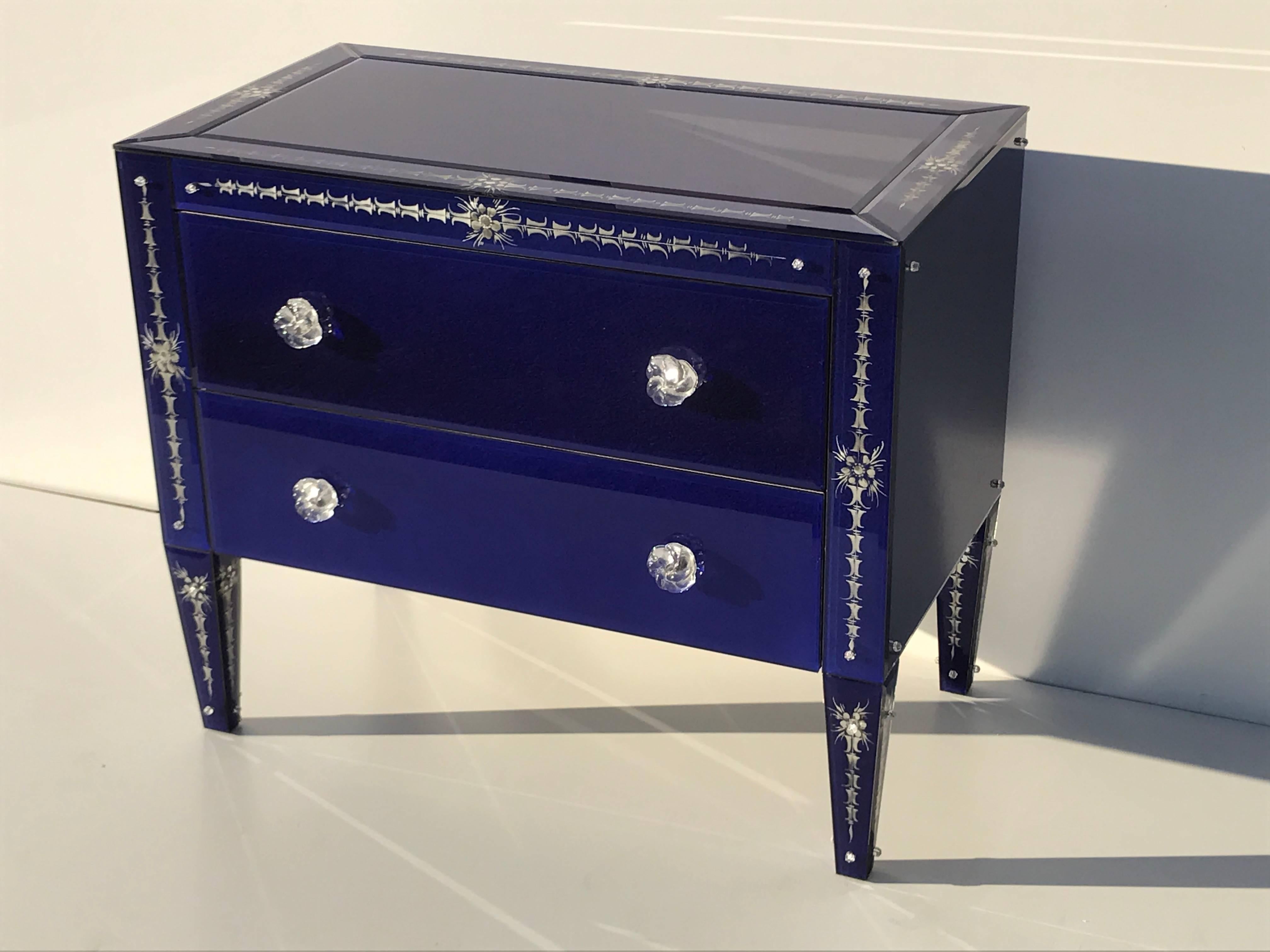 Pair of Lapis blue Venetian mirrored commodes or nightstands.