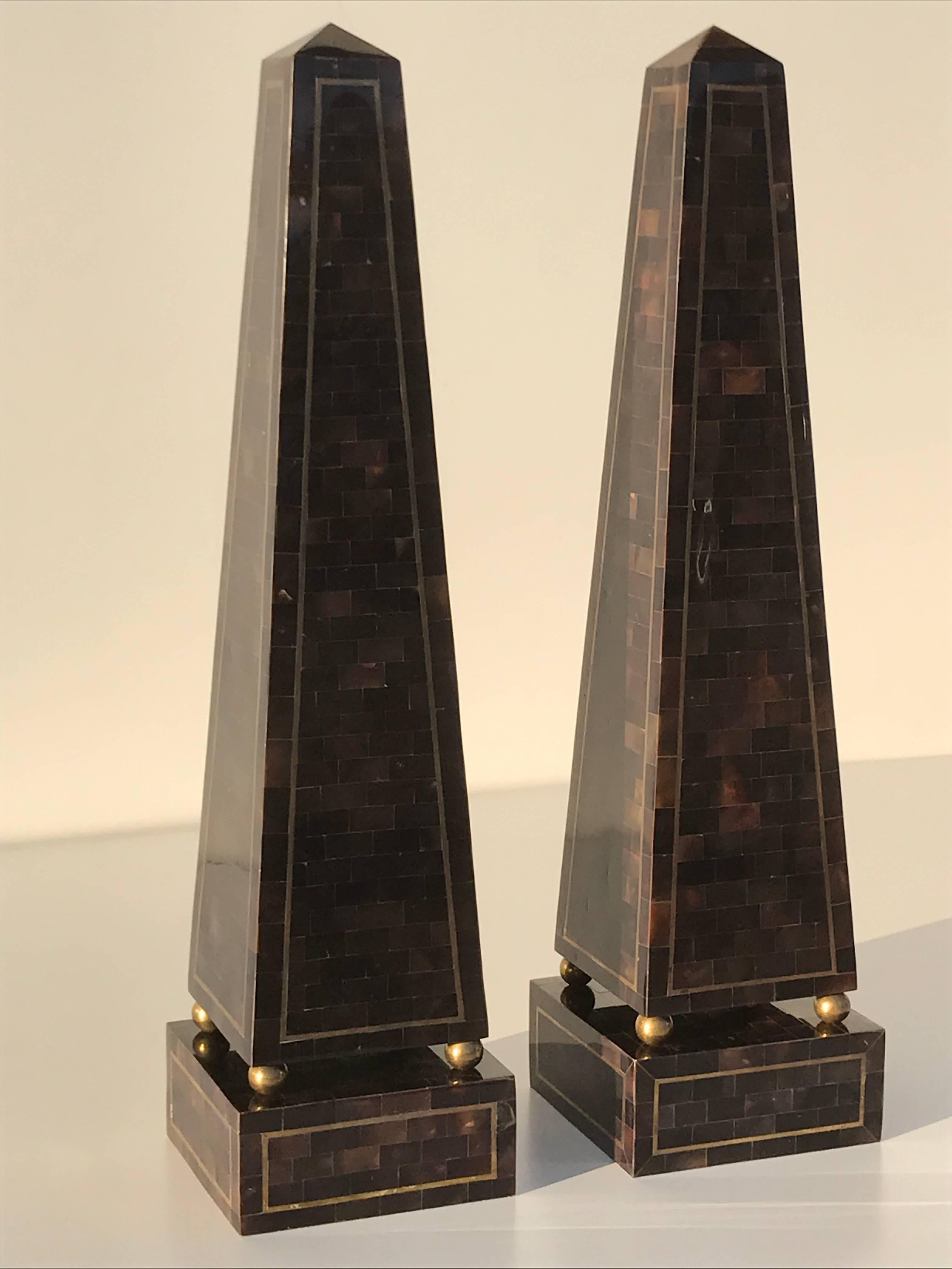 Pair of tessellated horn and brass obelisks by Maitland Smith.