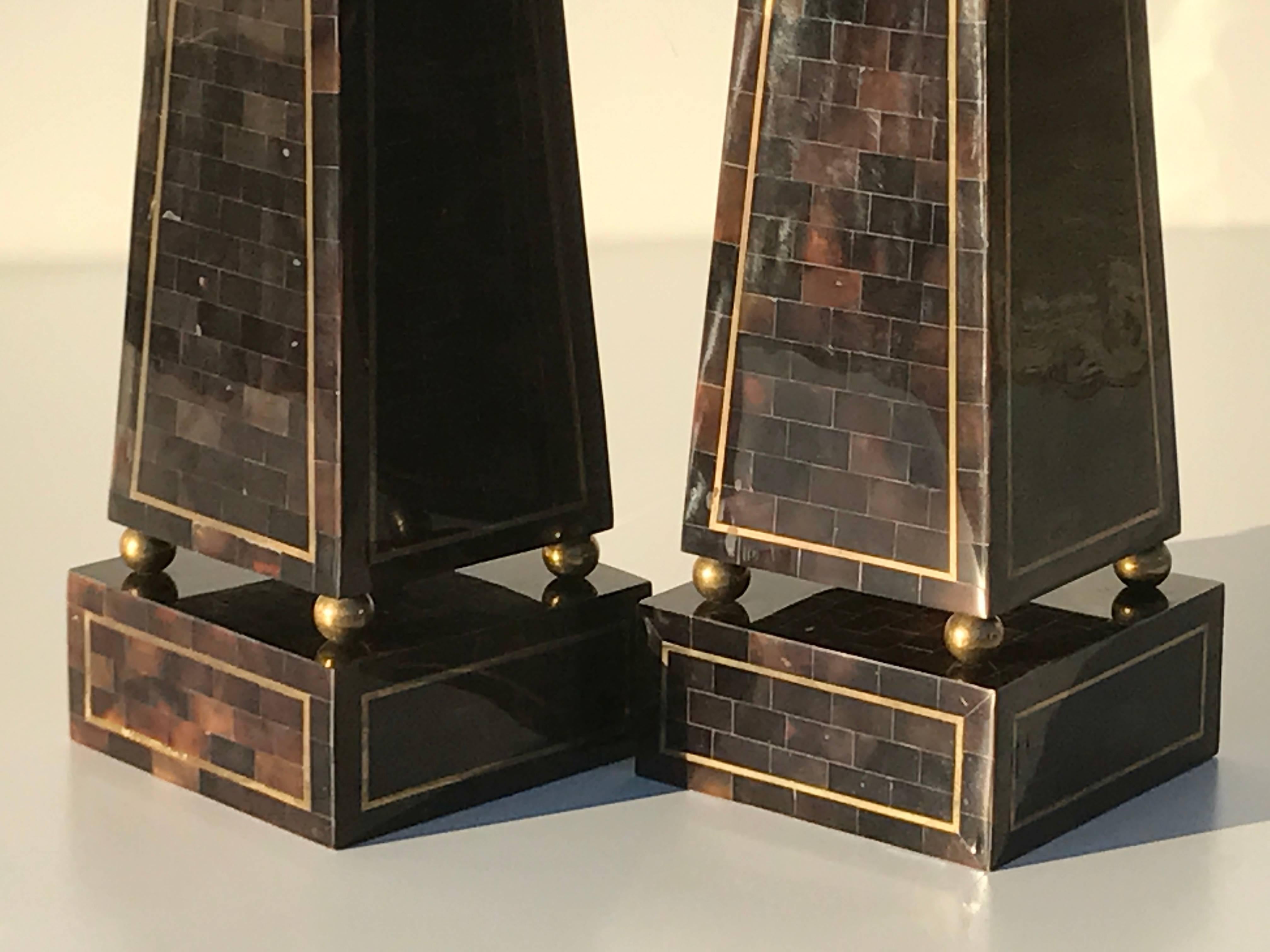 Hollywood Regency Pair of Tessellated Horn and Brass Obelisks by Maitland Smith