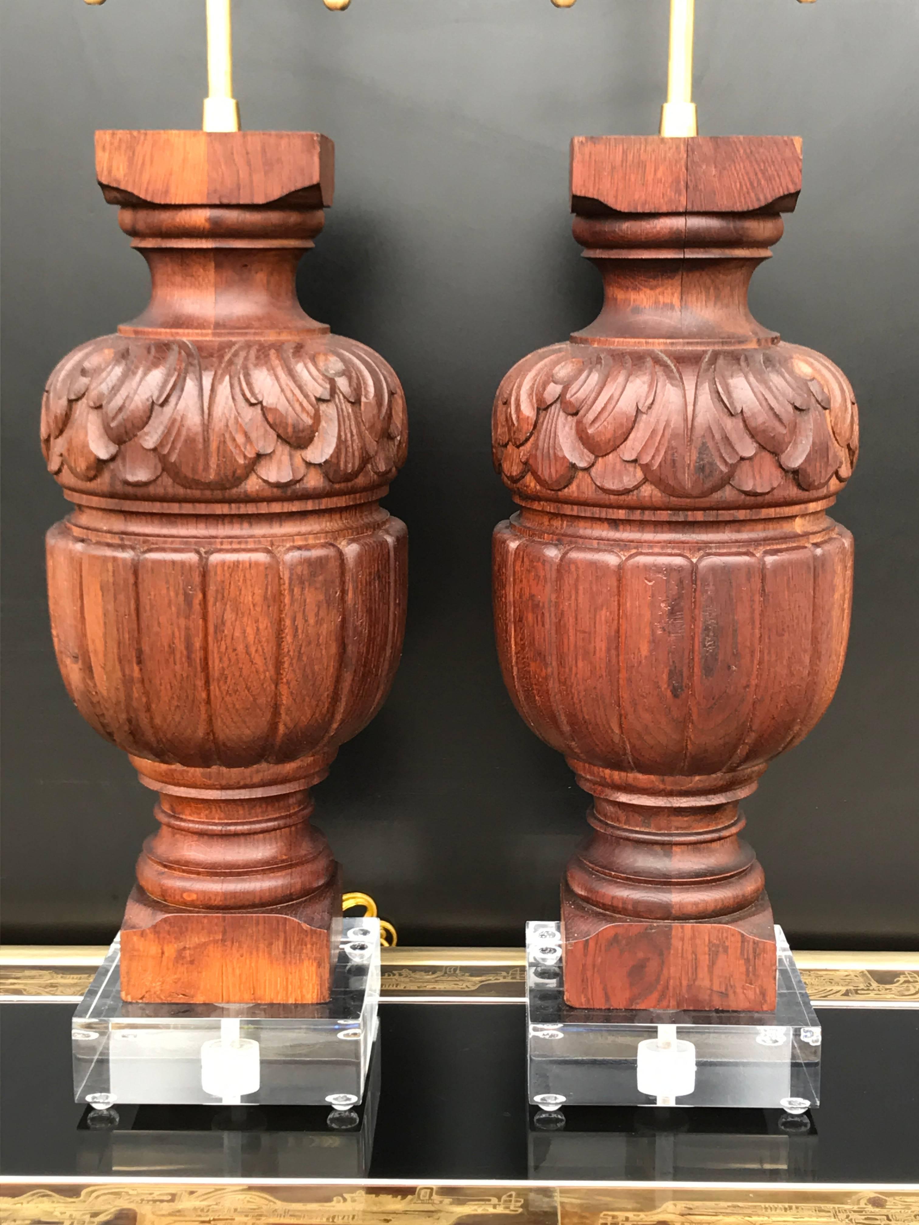 Pair of architectural baluster fragments mounted as lamps.
