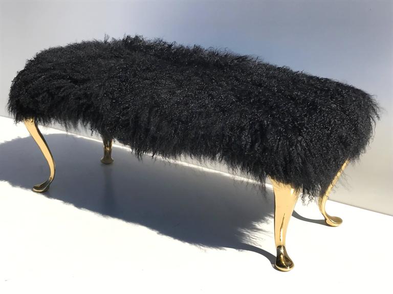 Black Mongolian Lamb Wool Bench Or Footrest With Brass Legs For