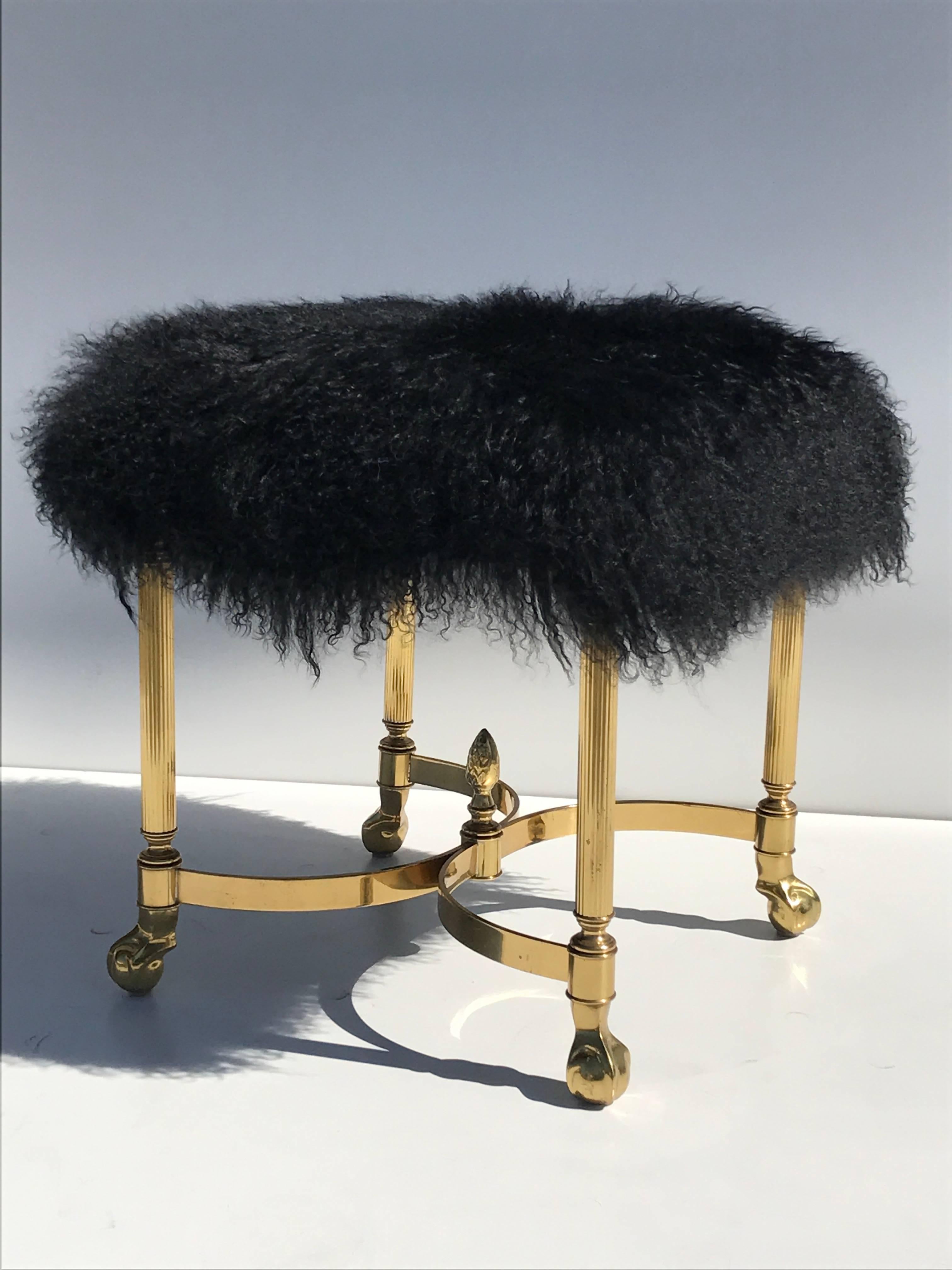 Petit brass footrest or bench with Mongolian wool.