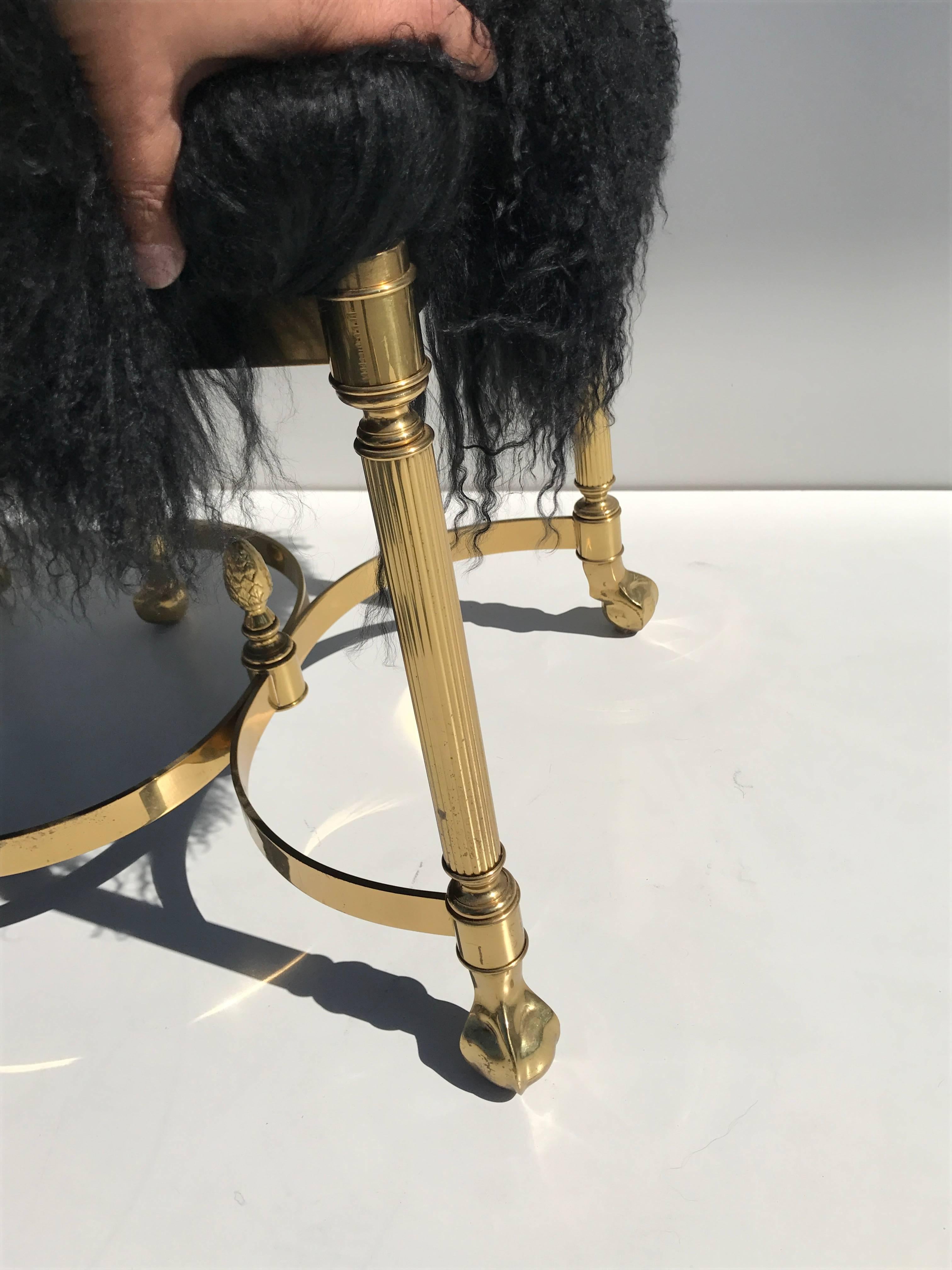 Petit Brass Footrest or Bench with Mongolian Wool In Excellent Condition For Sale In North Hollywood, CA