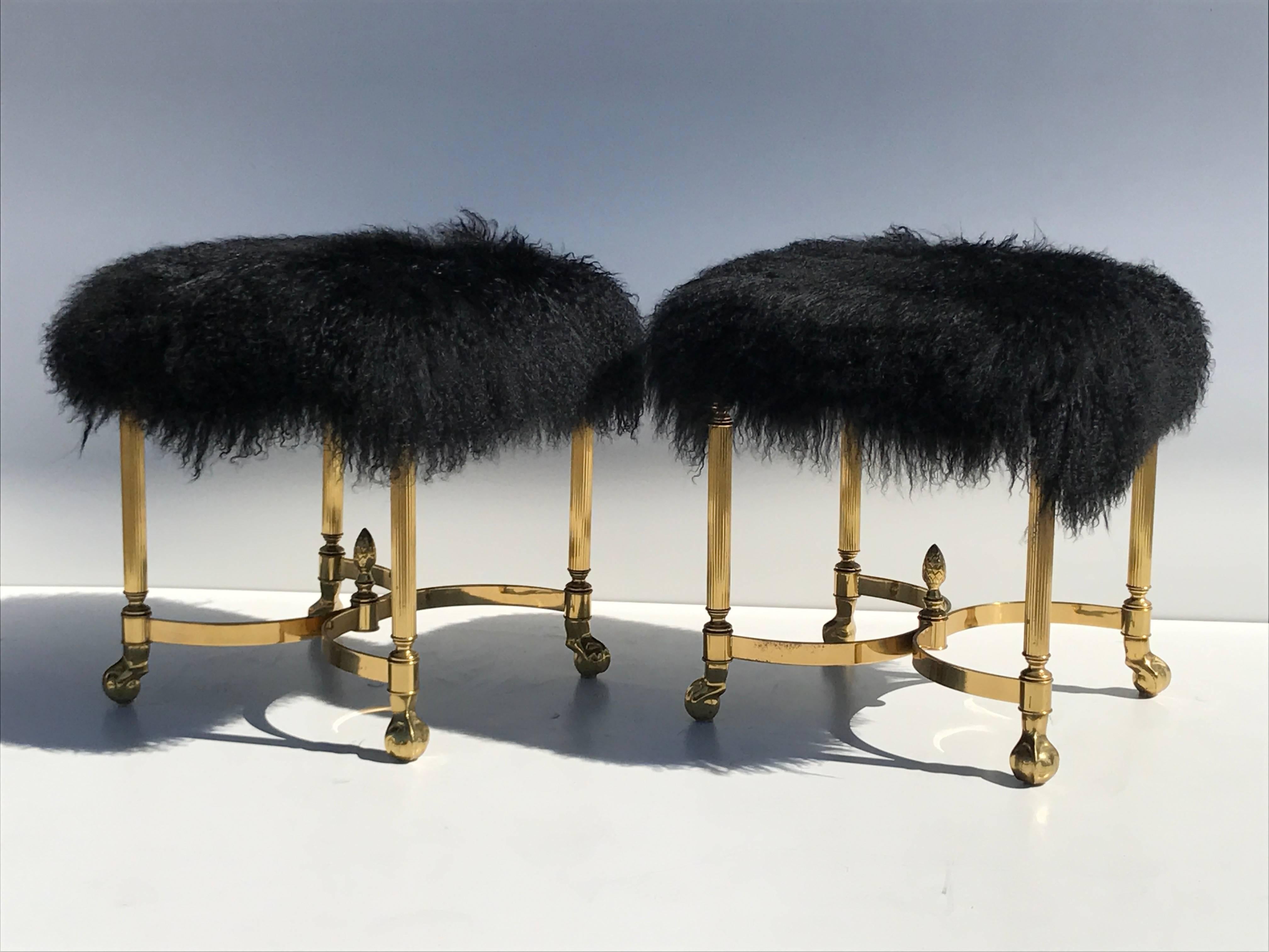 Polished Petit Brass Footrest or Bench with Mongolian Wool For Sale
