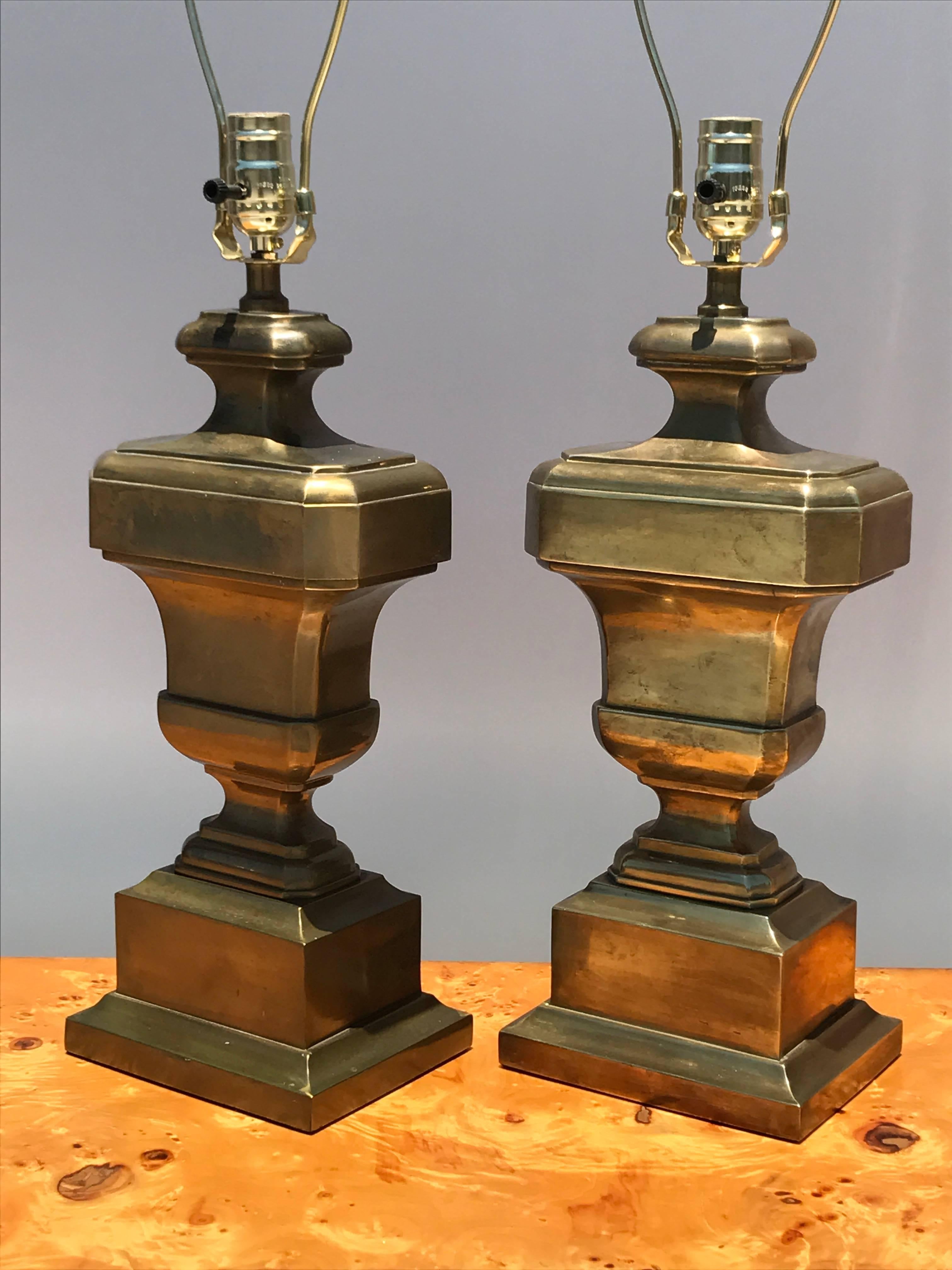 American Pair of Neoclassical Urn Patinated Brass Lamps