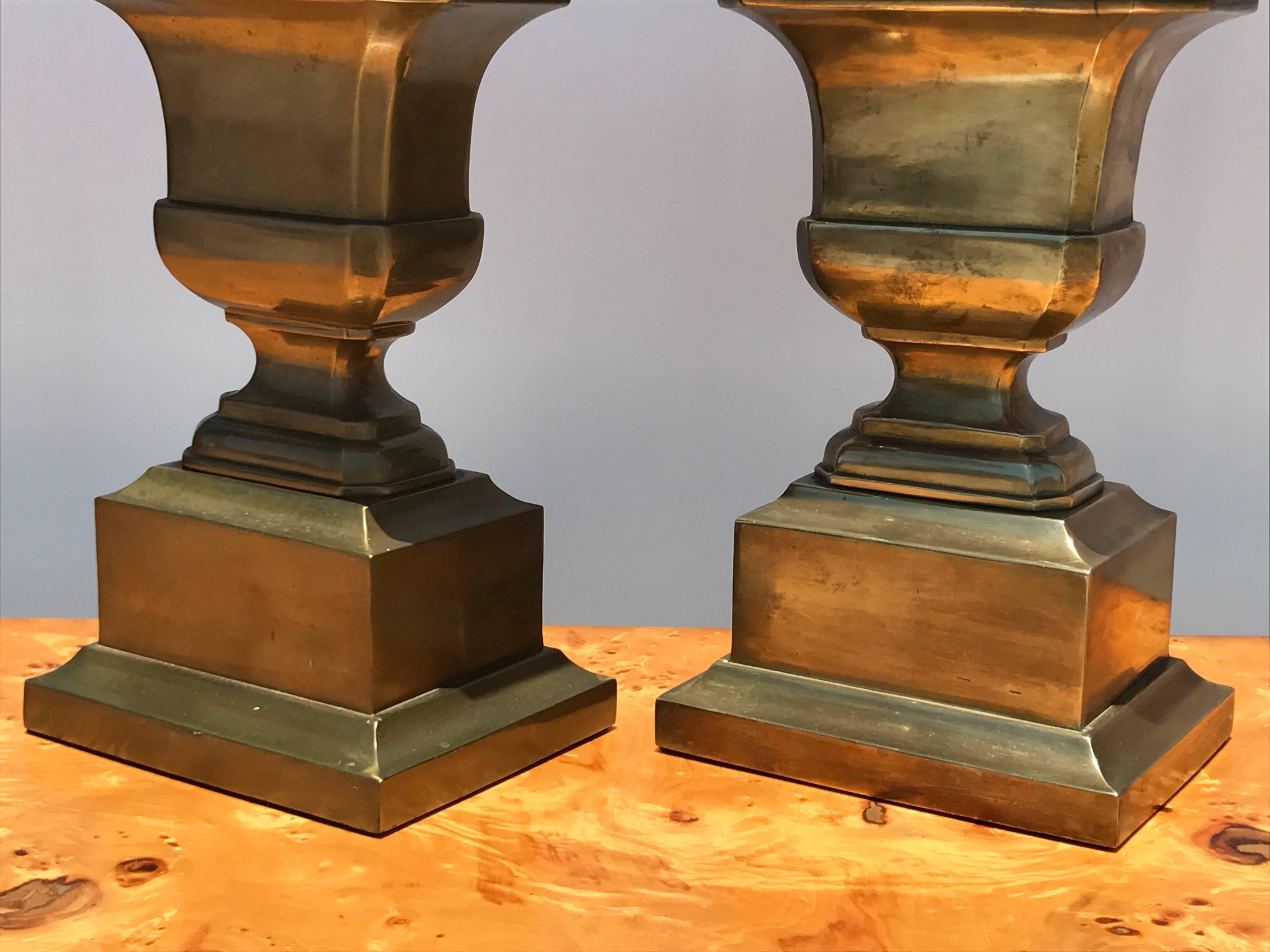 20th Century Pair of Neoclassical Urn Patinated Brass Lamps