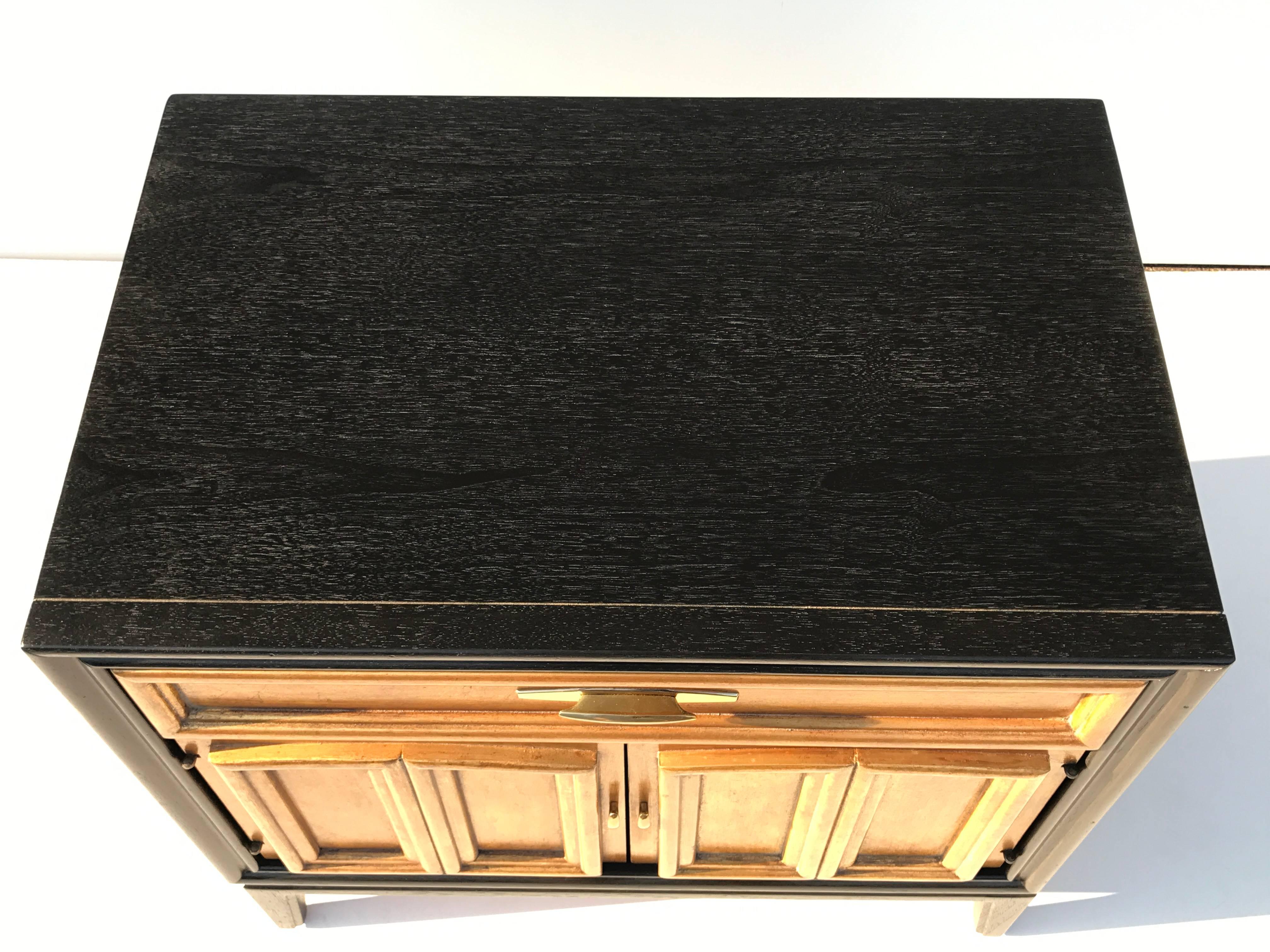 Gilt Pair of Ebonized and Gold Leafed Nightstands