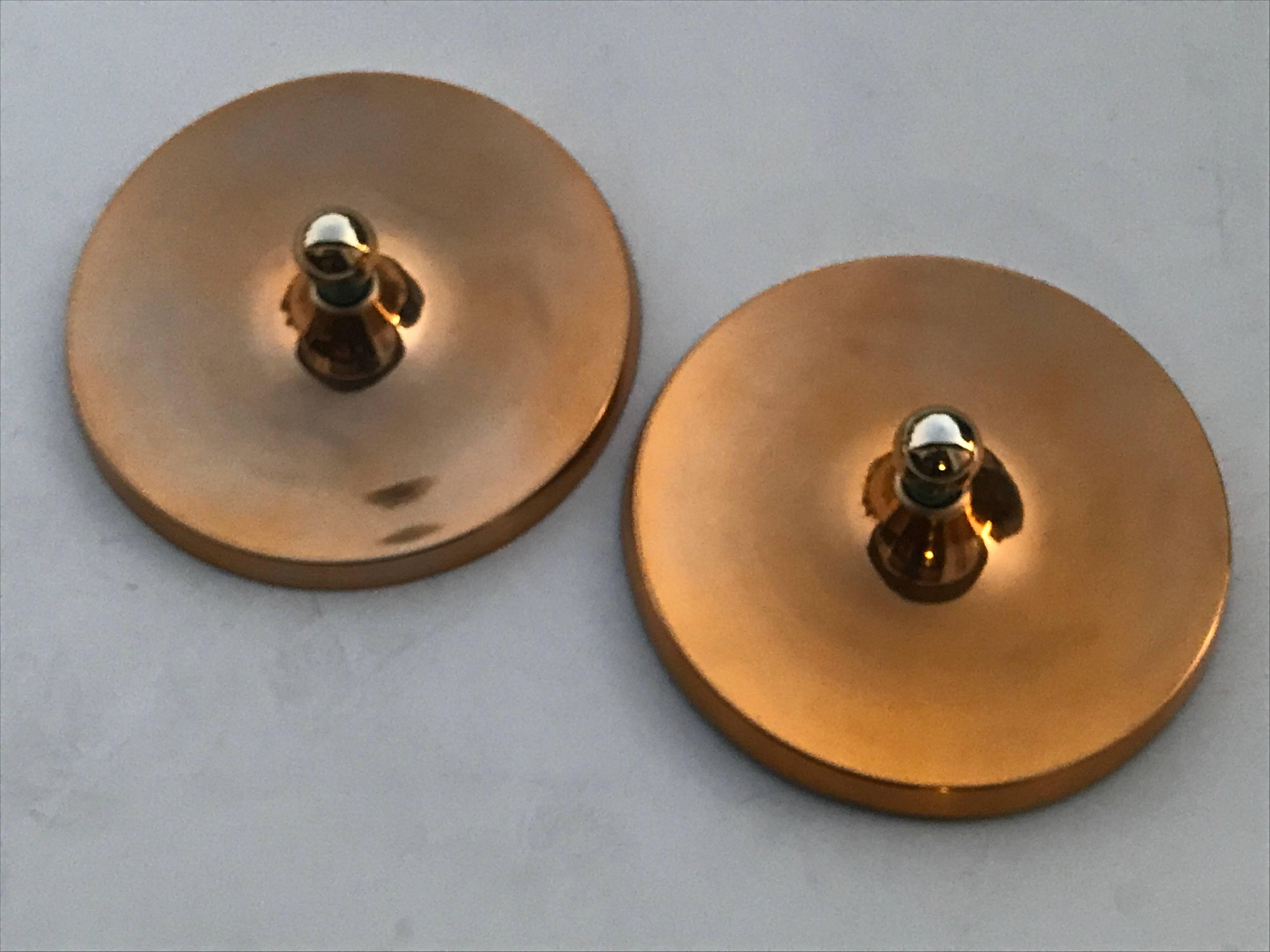 German Flush Mount Aluminium Disk Lights in Anodized Gold In Excellent Condition In North Hollywood, CA