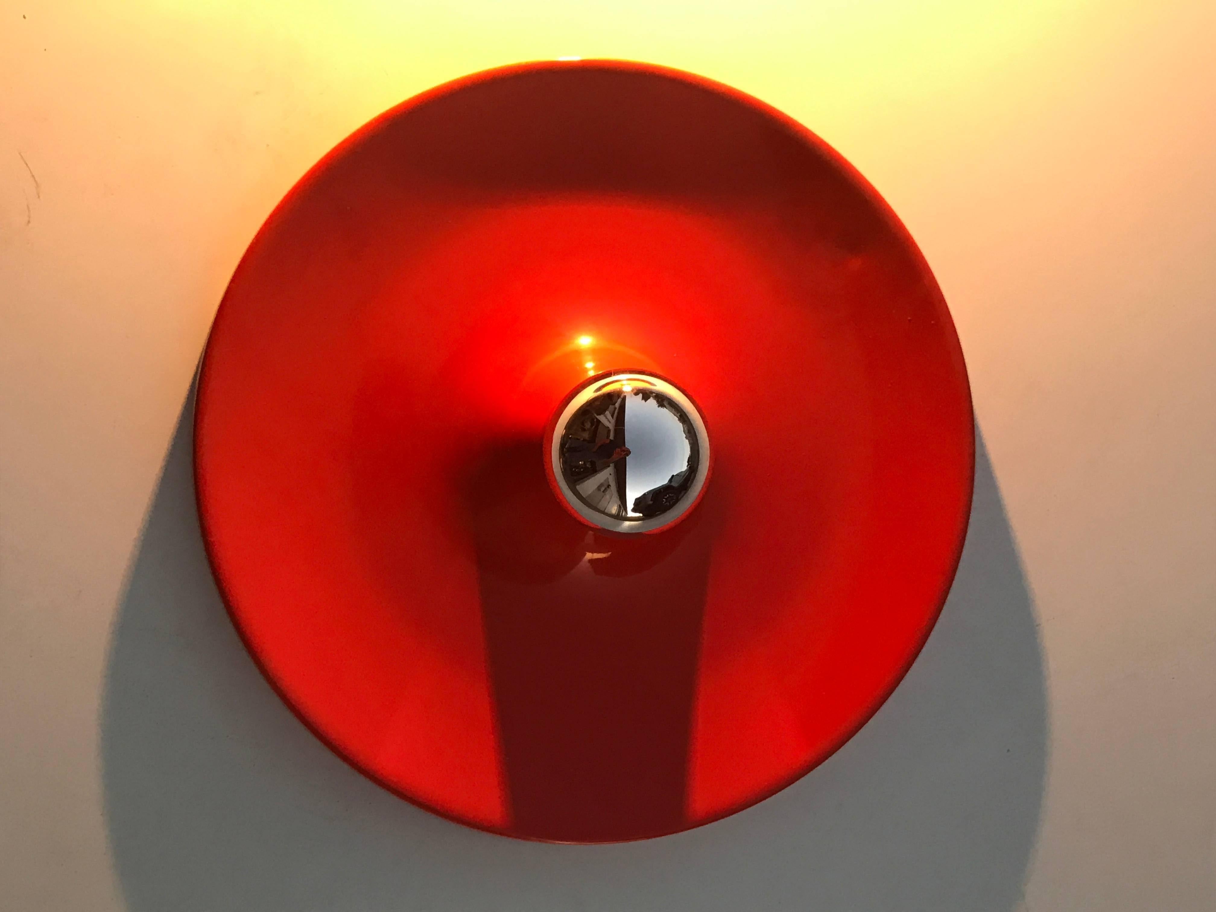 German Fire Red Disk Flush Mount Lights In Excellent Condition For Sale In North Hollywood, CA