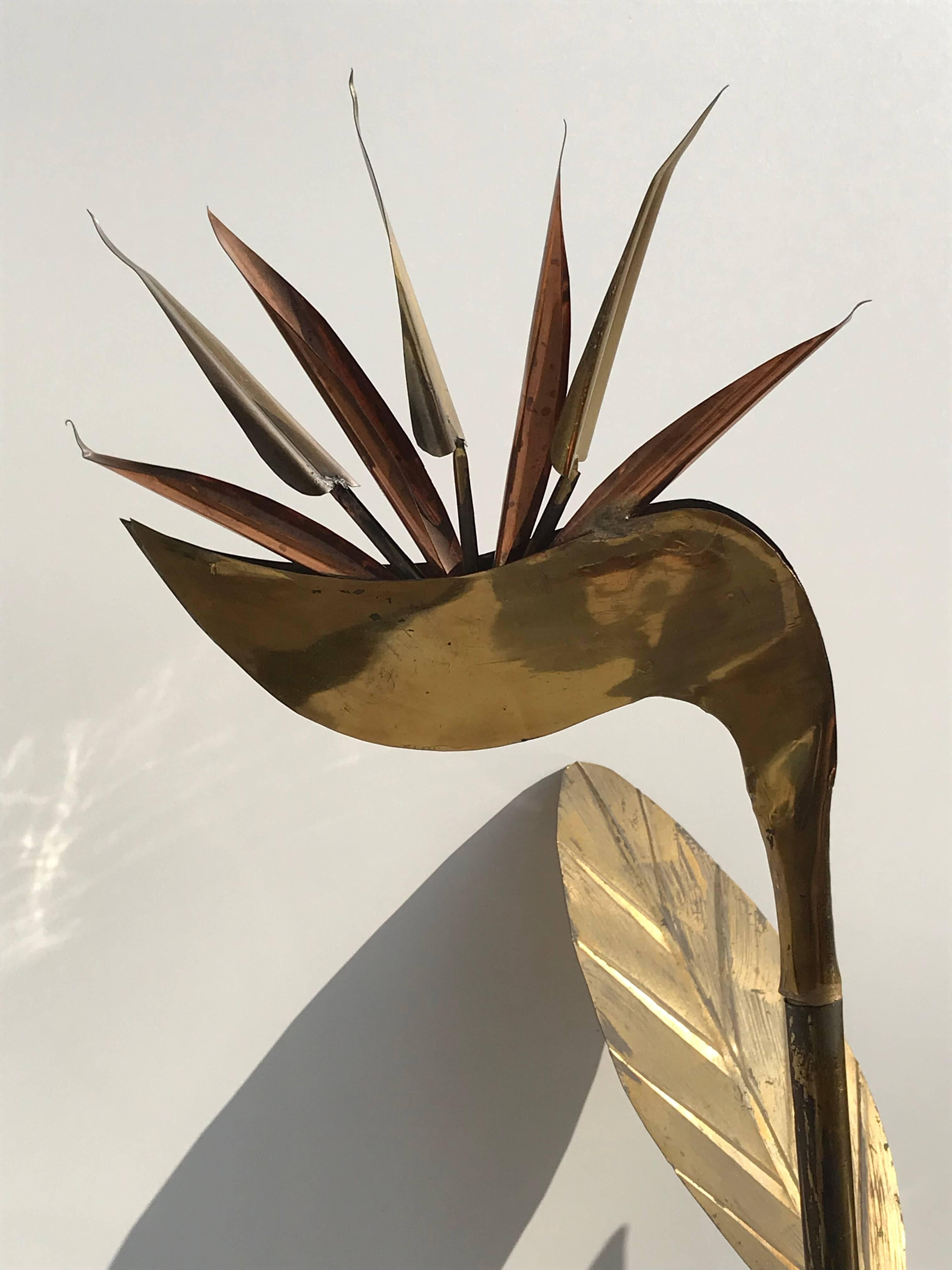 Stained Bird of Paradise Brutalist Brass Sculpture Style of Curtis Jere For Sale