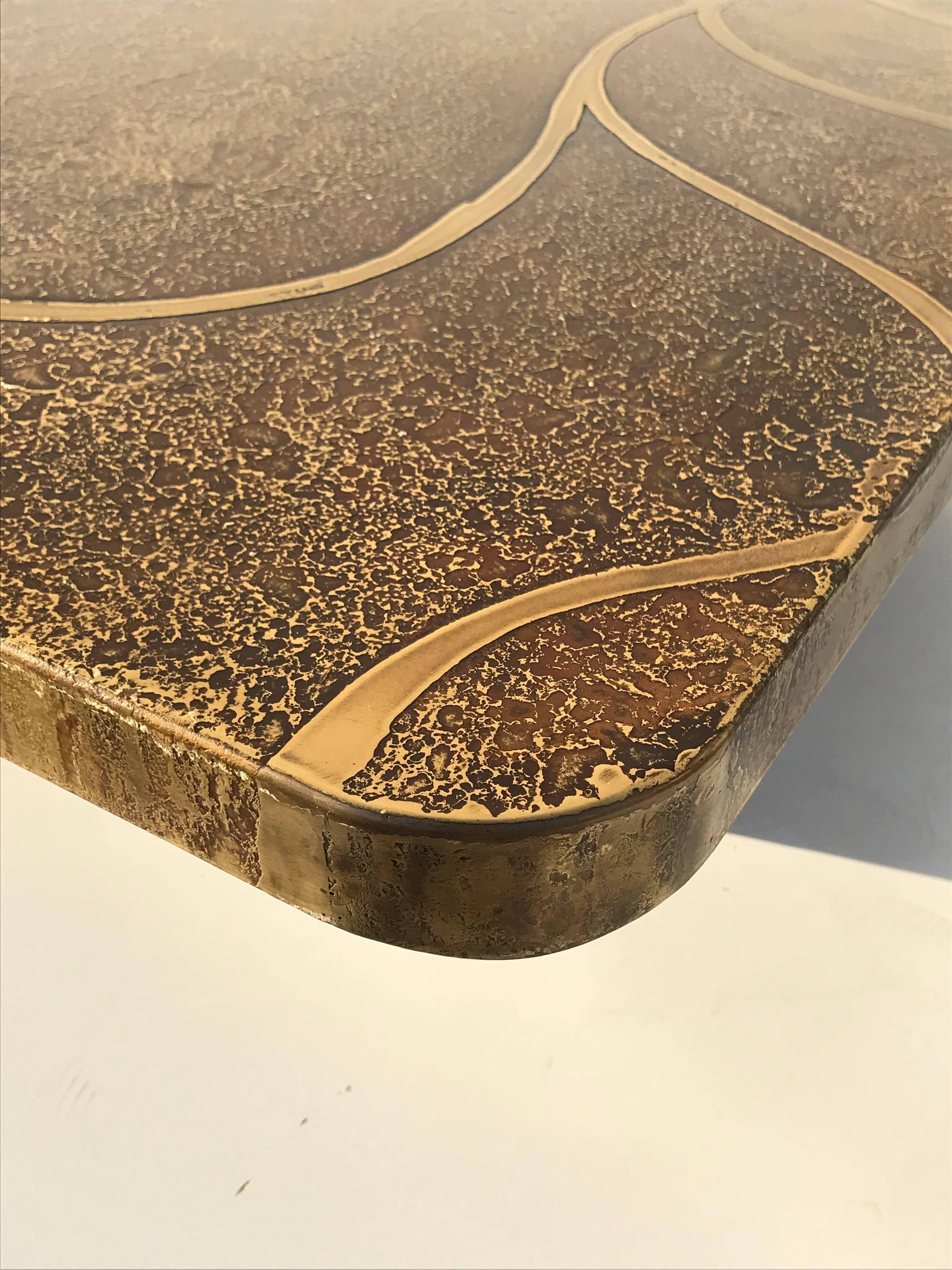 Etched Brass Square Coffee Table Style of Christian Krekels In Excellent Condition In North Hollywood, CA