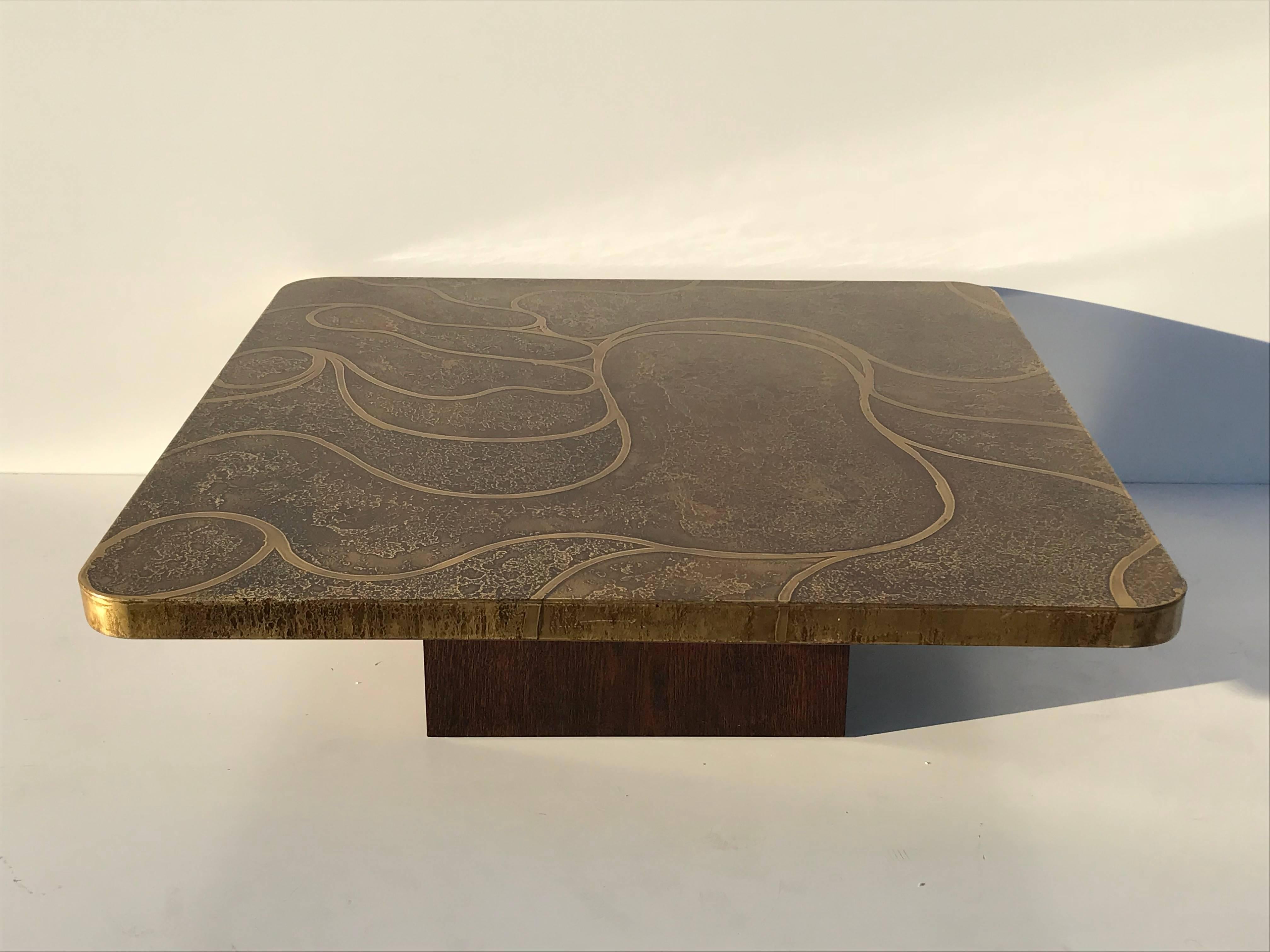 Etched brass square coffee table in the style of Christian Krekels, circa 1970s.