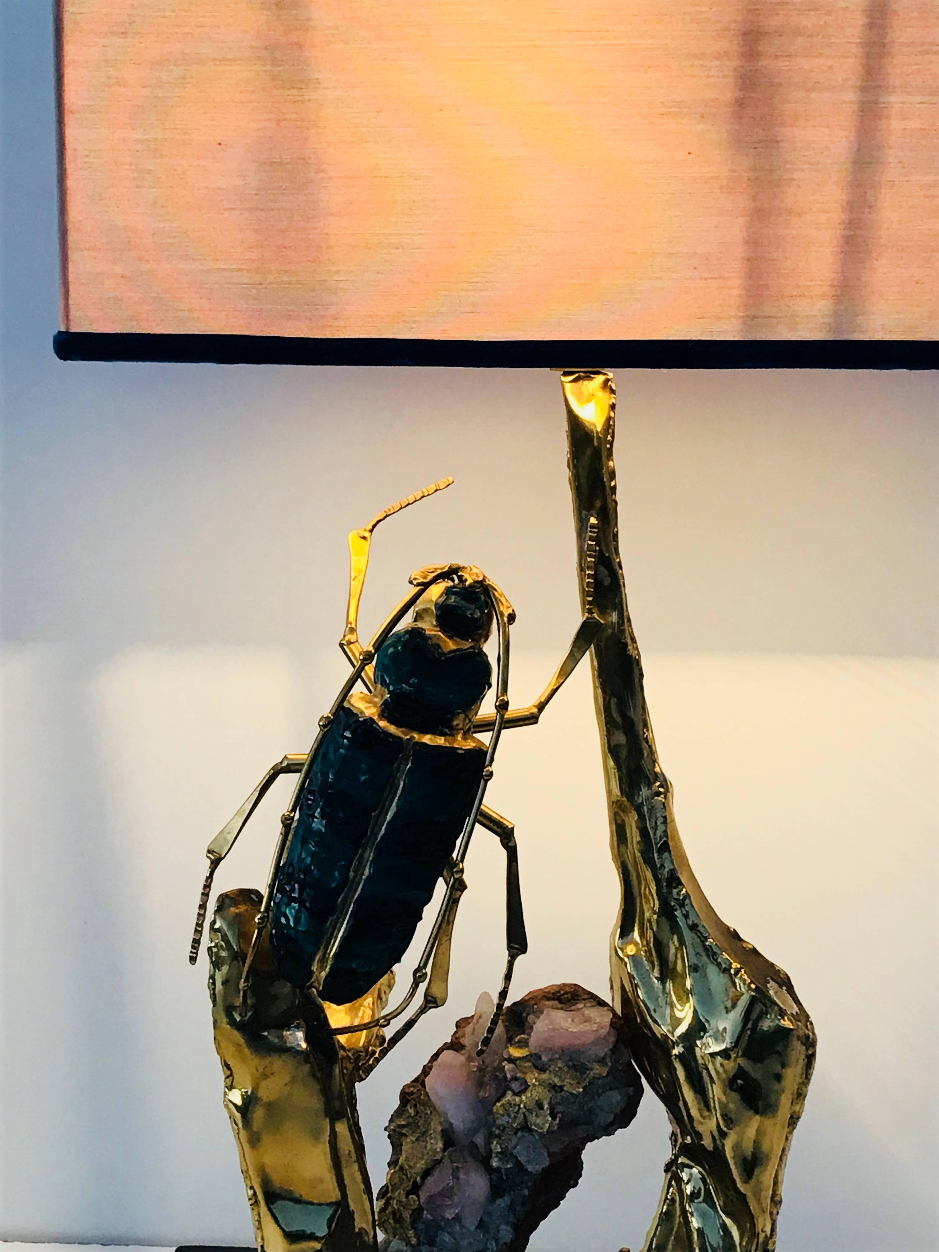 Late 20th Century Duval Brasseur Attributed Brass Beetle and Quartz Lamp