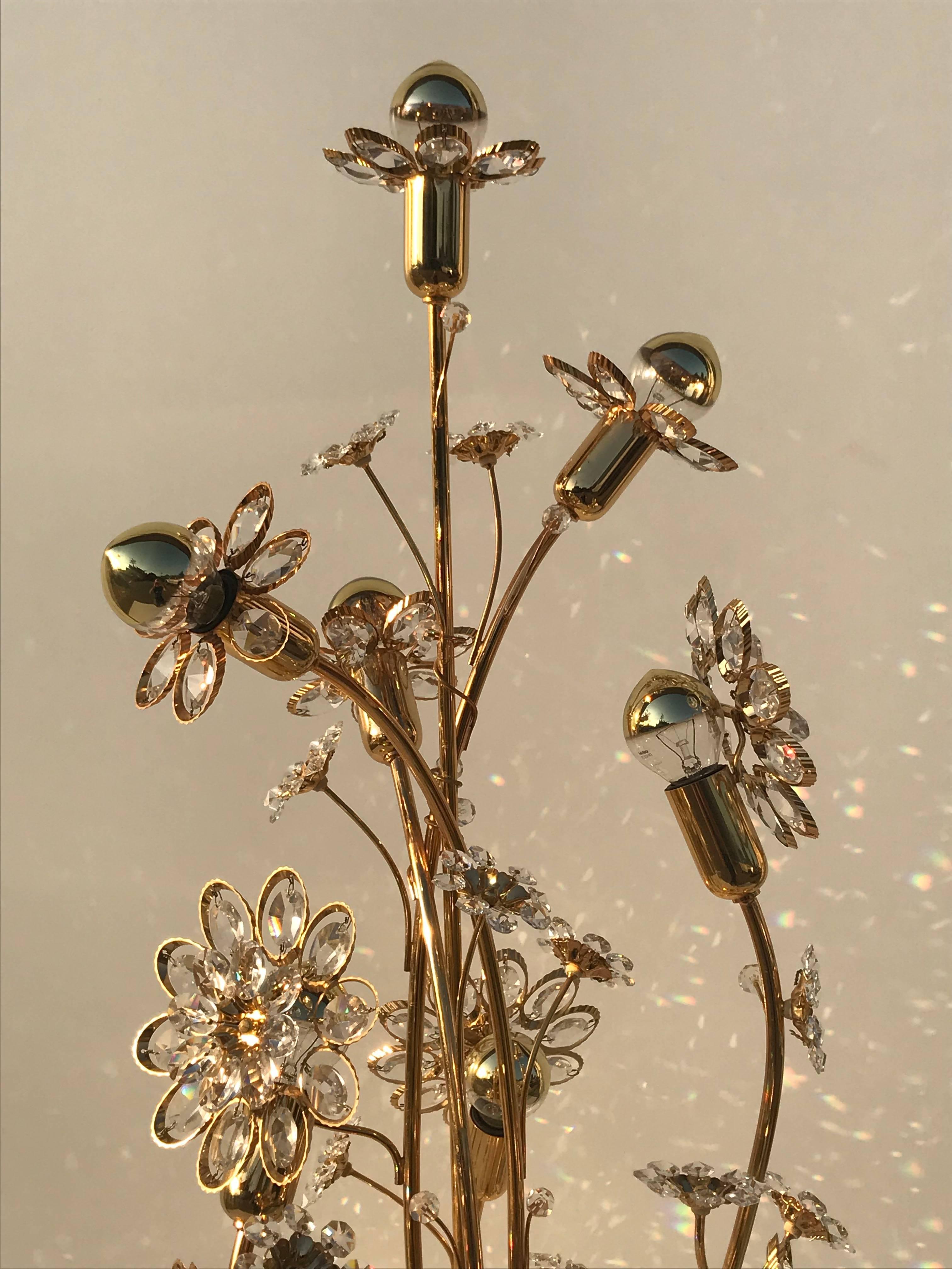 German Enchanting Illuminated Crystal Flower and Brass Floor Lamp by Palwa