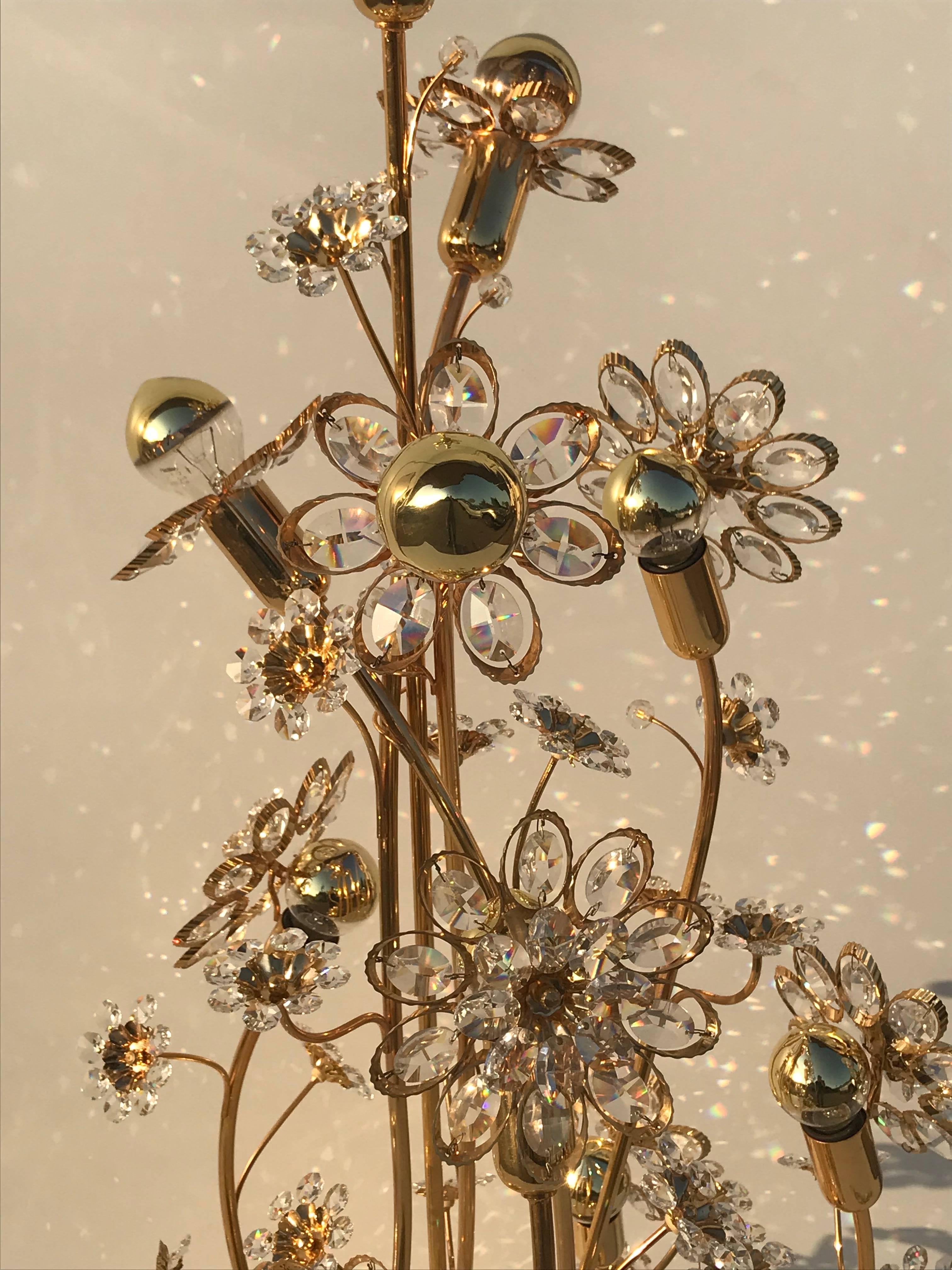 Gilt Enchanting Illuminated Crystal Flower and Brass Floor Lamp by Palwa
