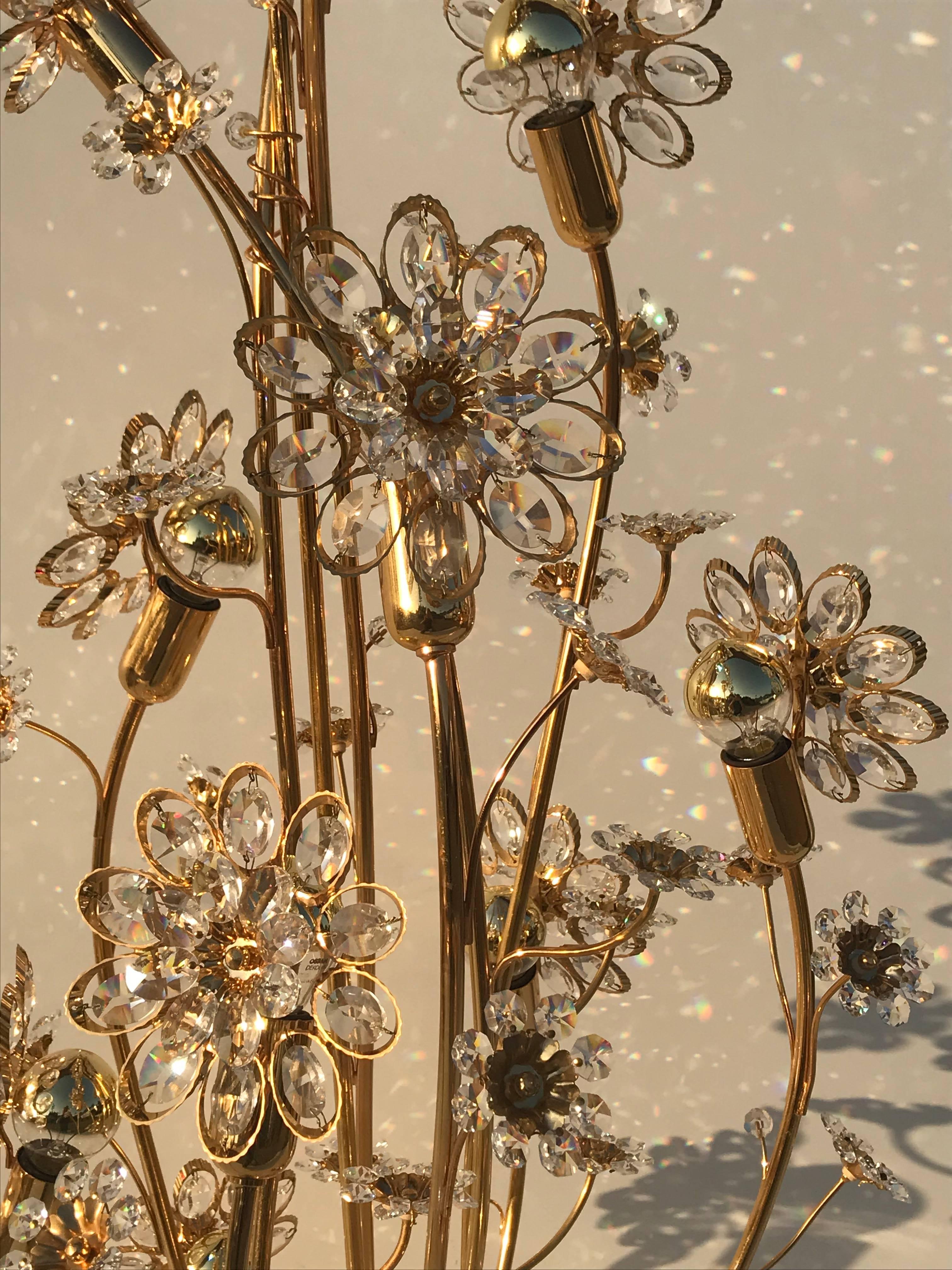 Enchanting Illuminated Crystal Flower and Brass Floor Lamp by Palwa In Excellent Condition In North Hollywood, CA