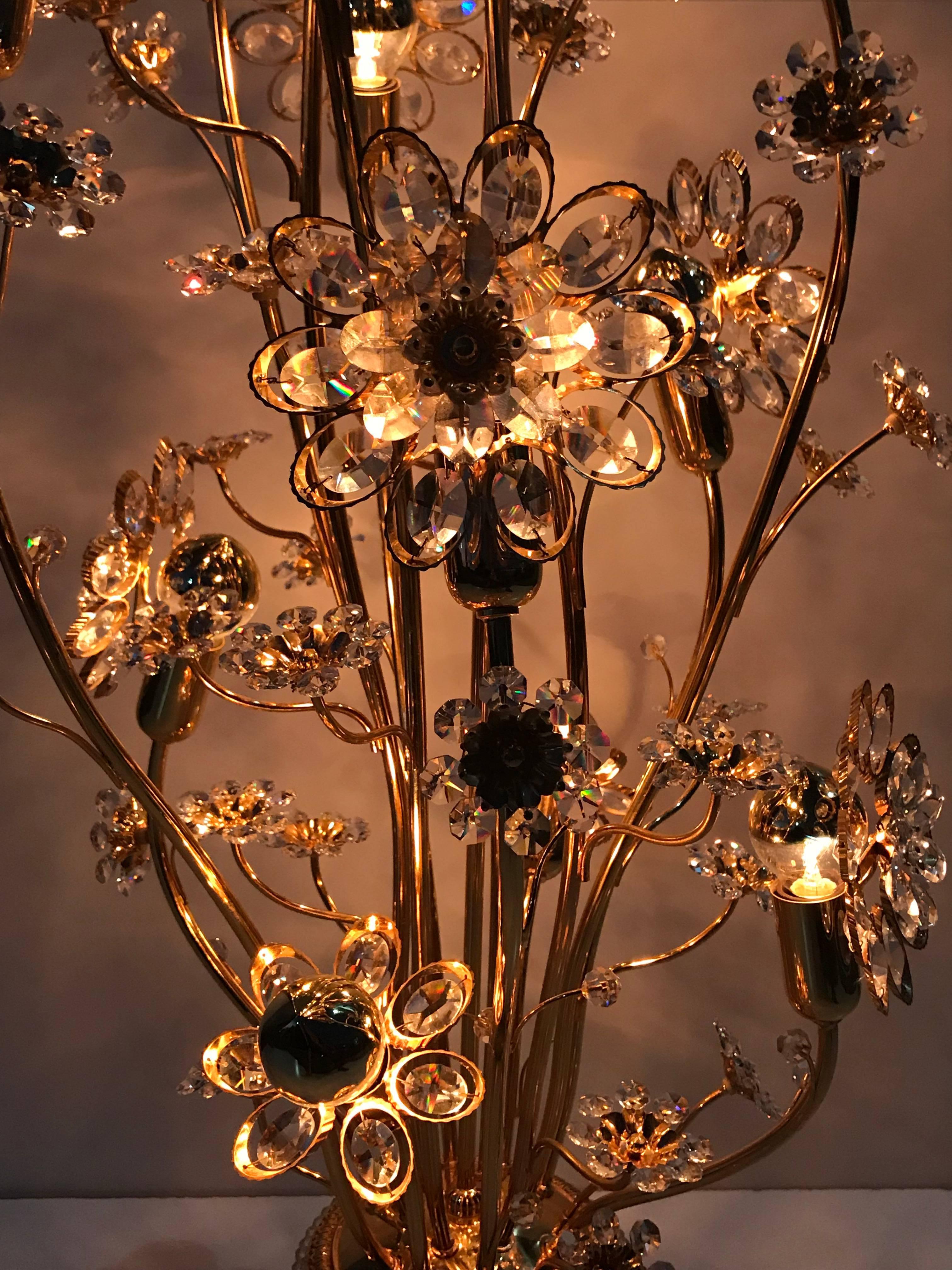 Late 20th Century Enchanting Illuminated Crystal Flower and Brass Floor Lamp by Palwa