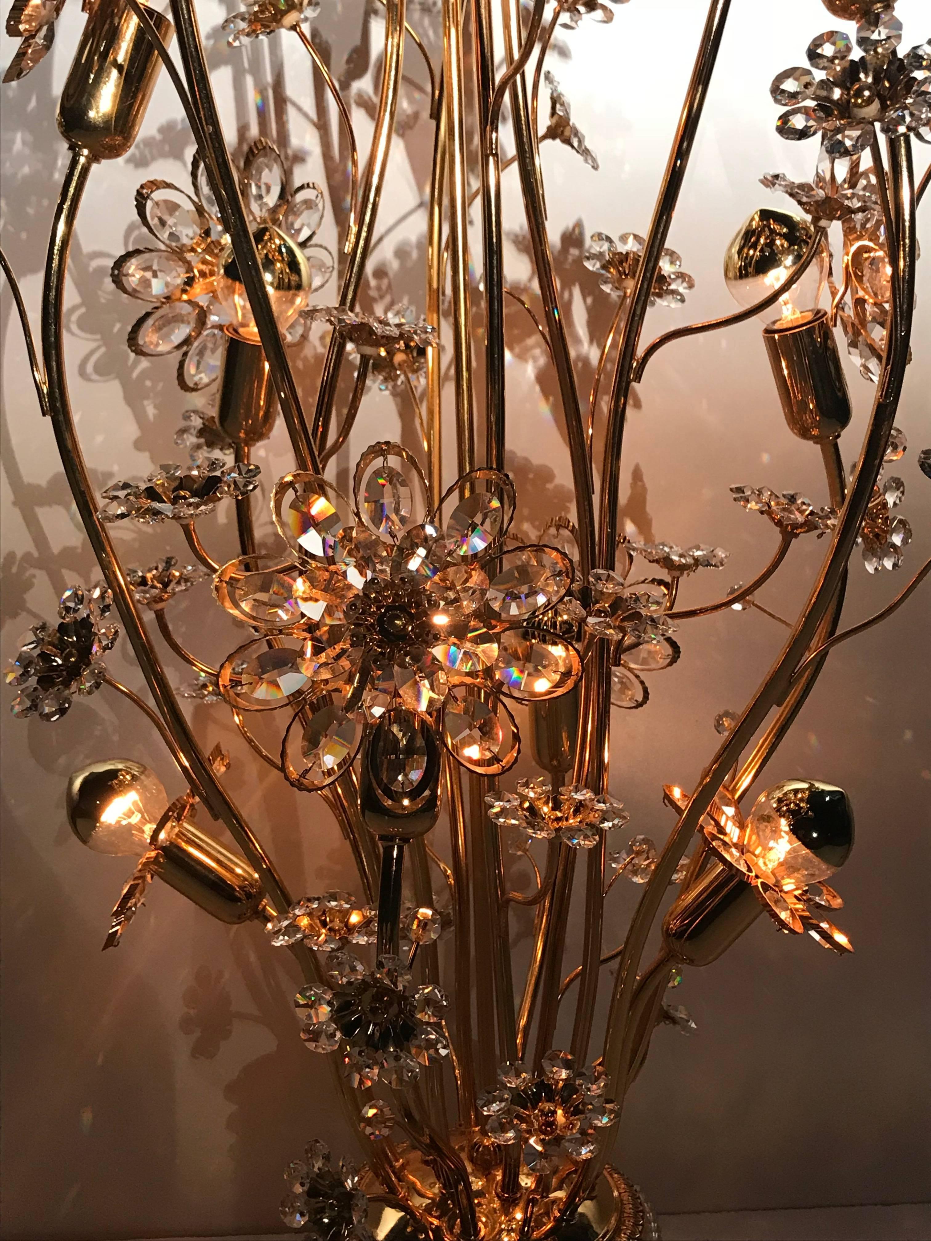 Enchanting Illuminated Crystal Flower and Brass Floor Lamp by Palwa 1