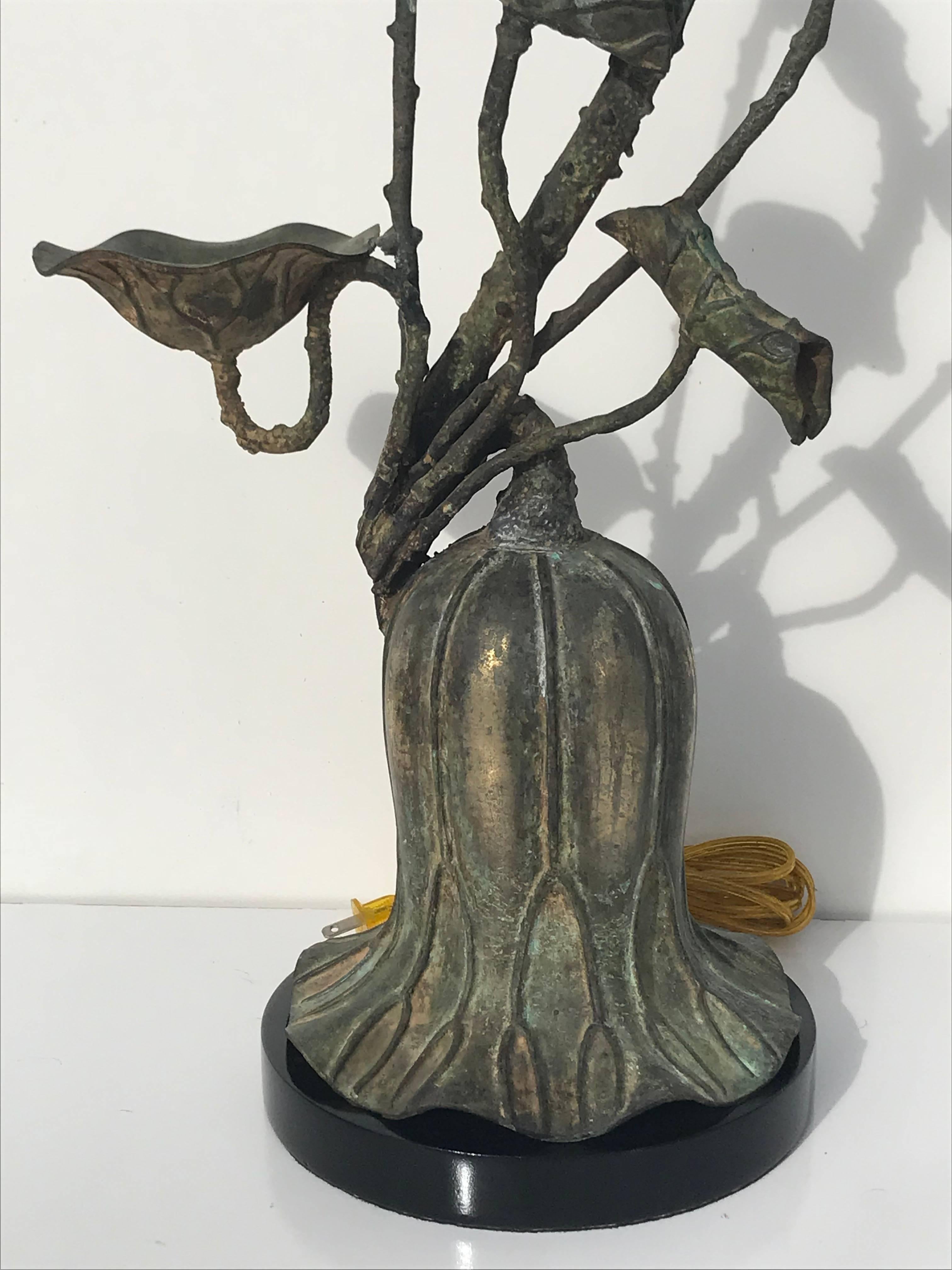 Brutalist Verdigris Patinated Brass Lotus Lamp by Marbro For Sale