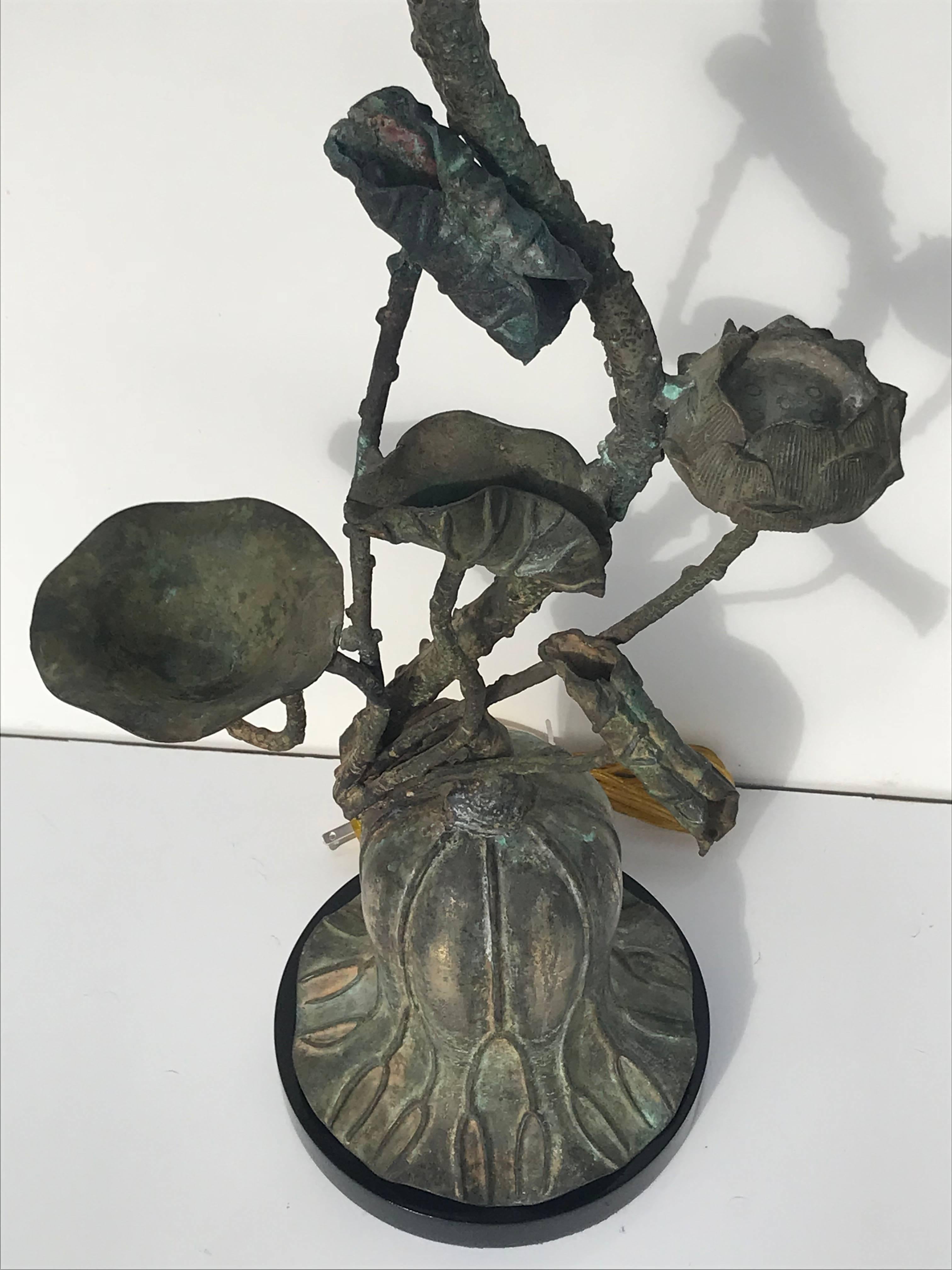 Late 20th Century Verdigris Patinated Brass Lotus Lamp by Marbro For Sale