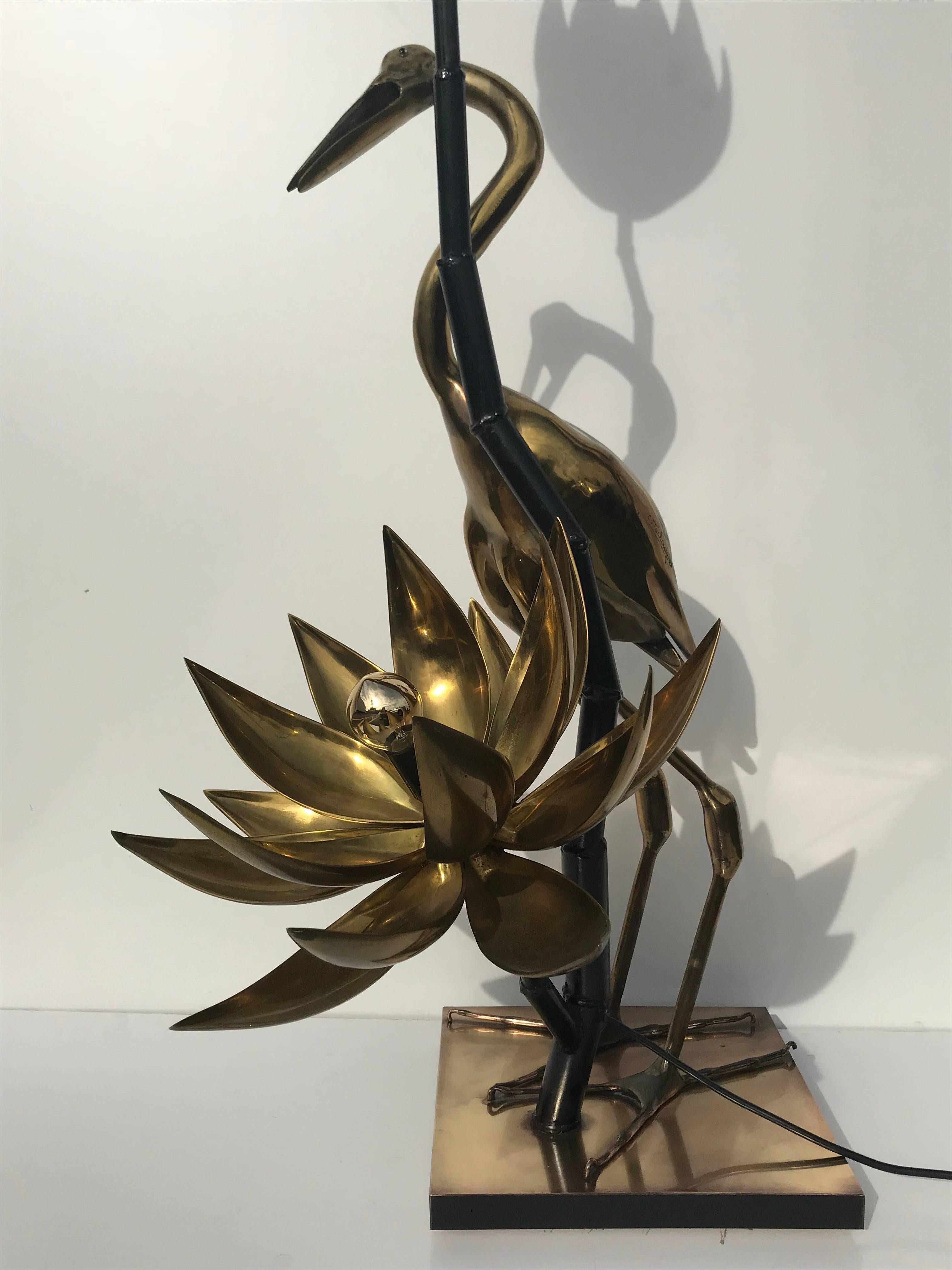 Brass lotus floor lamp by C. Techoueyres
Base is 12 inches by 12 inches
Has on/off foot switch. Requires one up to 60watt regular bulb and one E14 base up to 40 watt bulb.
   