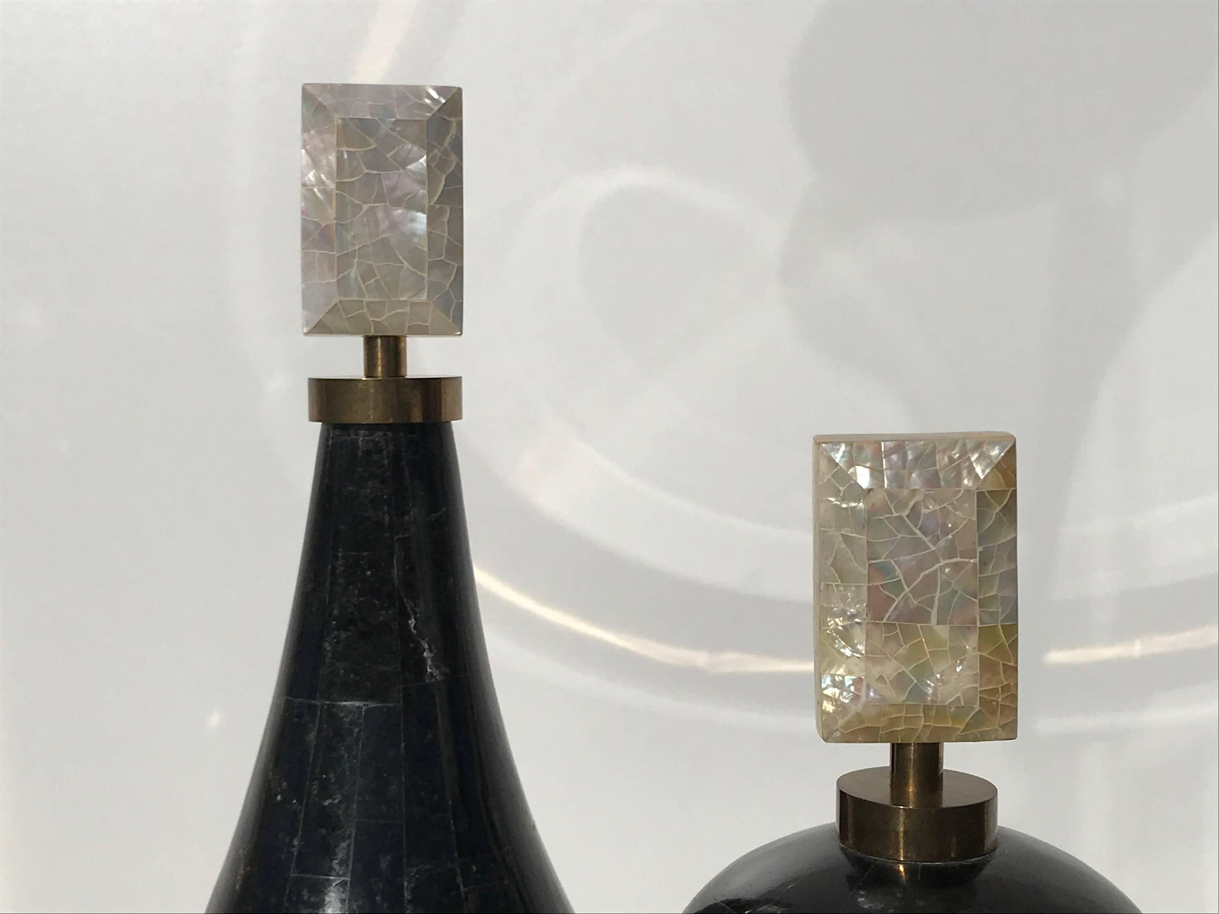 Hollywood Regency Two Tessellated Stone Decorative Perfume Bottles For Sale