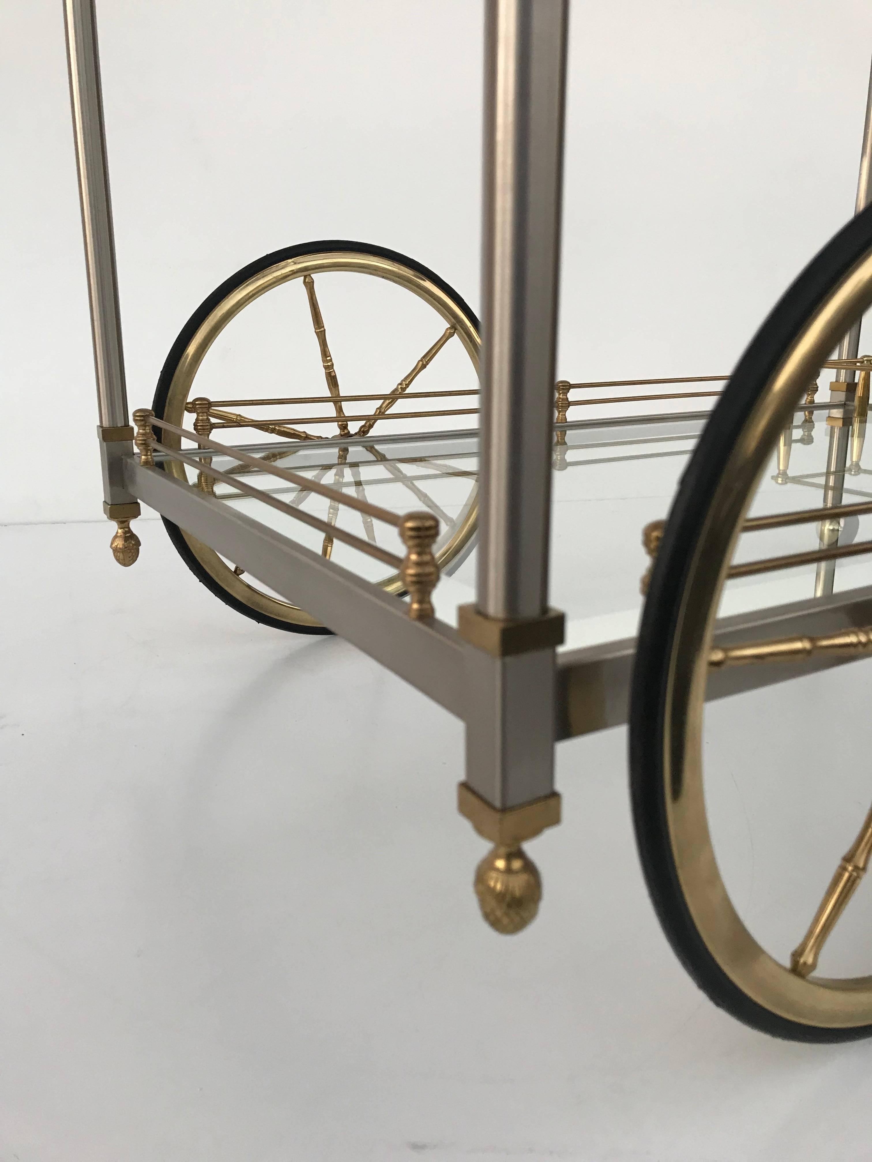 Chrome and Brass Bar Cart Attributed to Maison Jansen In Excellent Condition In North Hollywood, CA