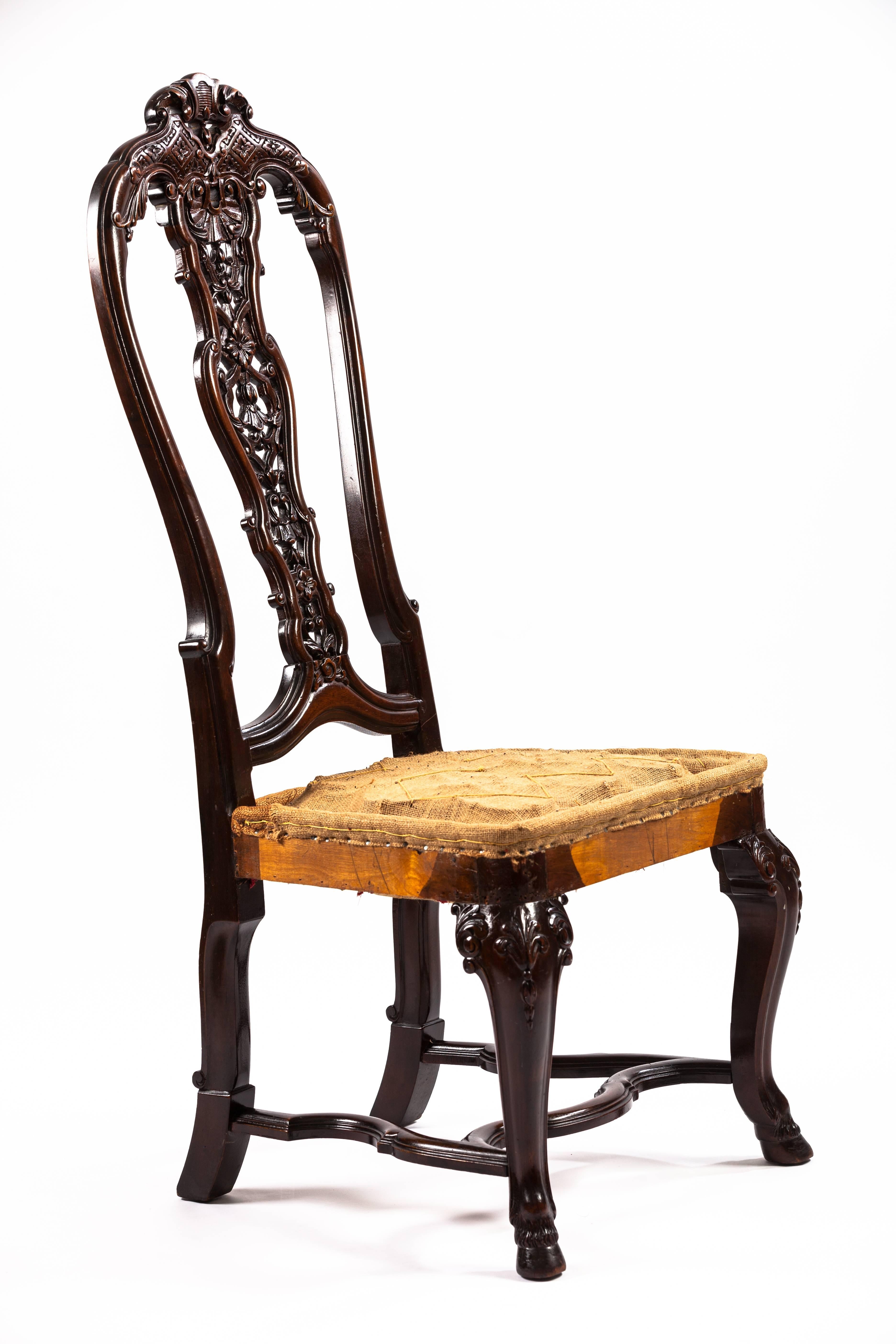 Portuguese Rococo style mahogany side chair.

Intricately carved. Ready for new upholstery.