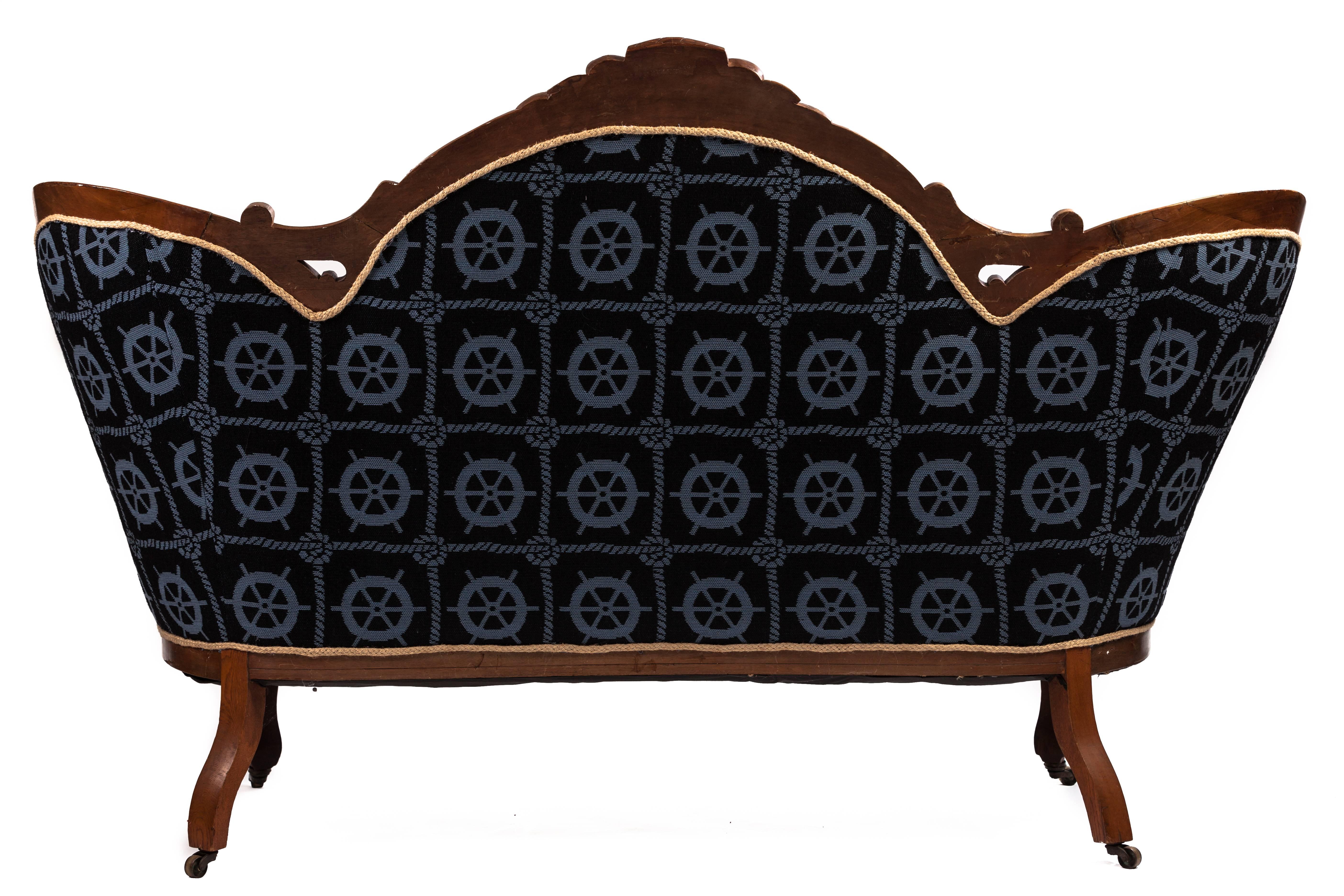 Nautical Upholstered 19th Century Victorian Settee. Custom Ship's Wheel with Rope repeat Textile, Compass-Rose Back Rest in Various Felts, and Natural Rope Trim really bring this Antique piece into the 21st Century. Nautical Chic by Anthony