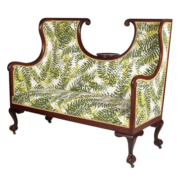 Large English Edwardian settee newly reupholstered in a custom Tillett fern print with ball and claw feet. Extremely Rare!