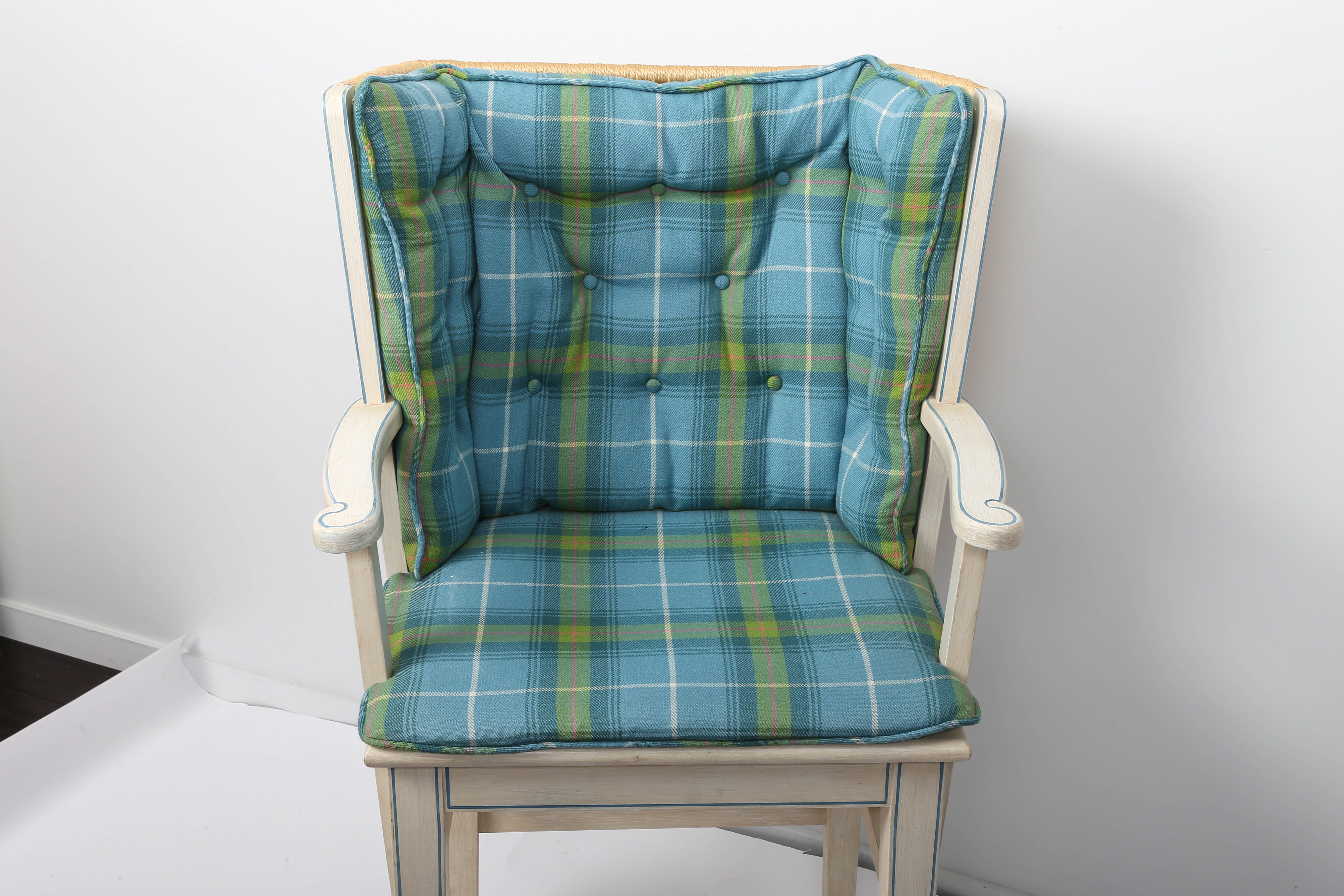 Painted Orkney style barstool with Thrush back and upholstered back cushion.