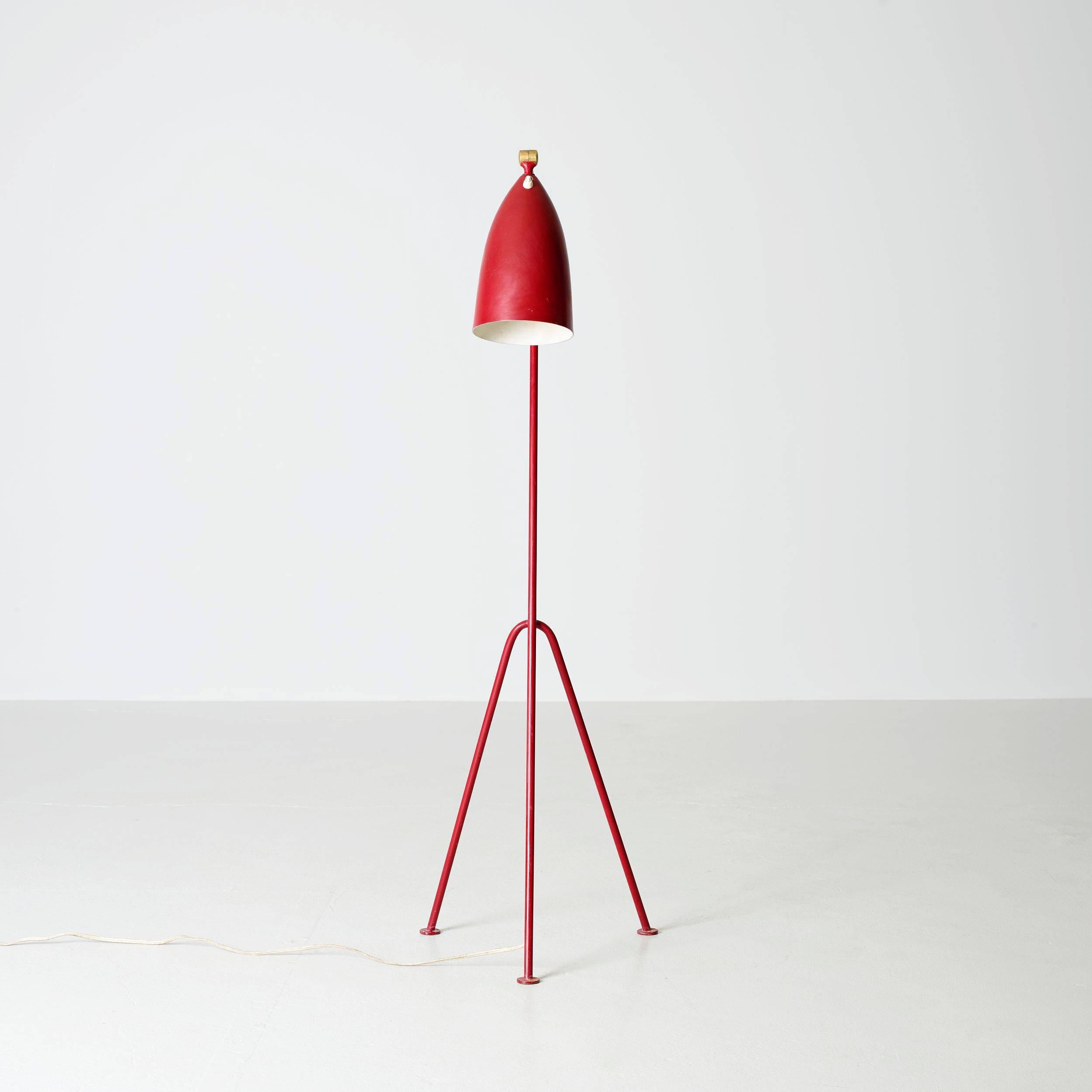 Early "Grasshopper" floor lamp by Greta Magnusson-Grossman, Bergboms, Malmo 1950s, model number G-33, red painted steel and aluminum with adjustable elongated conical shade and brass joint, labeled G-33 Bergboms, height 124 cm;.