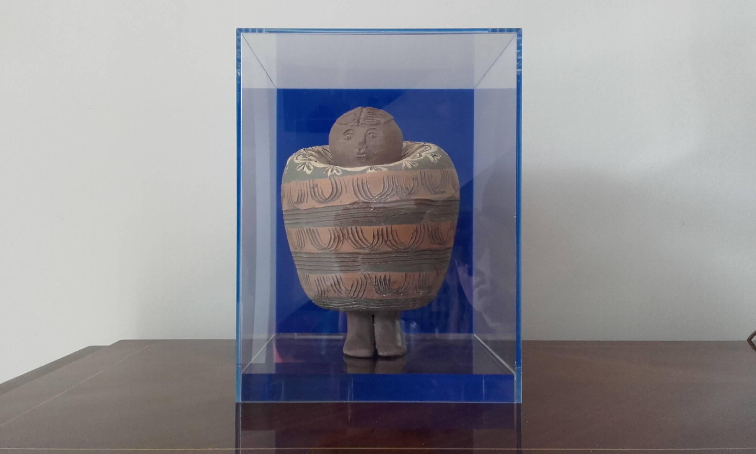 Matt glazed figural ceramic in bespoke plexi case attributed to Albert Thiry. Unsigned.