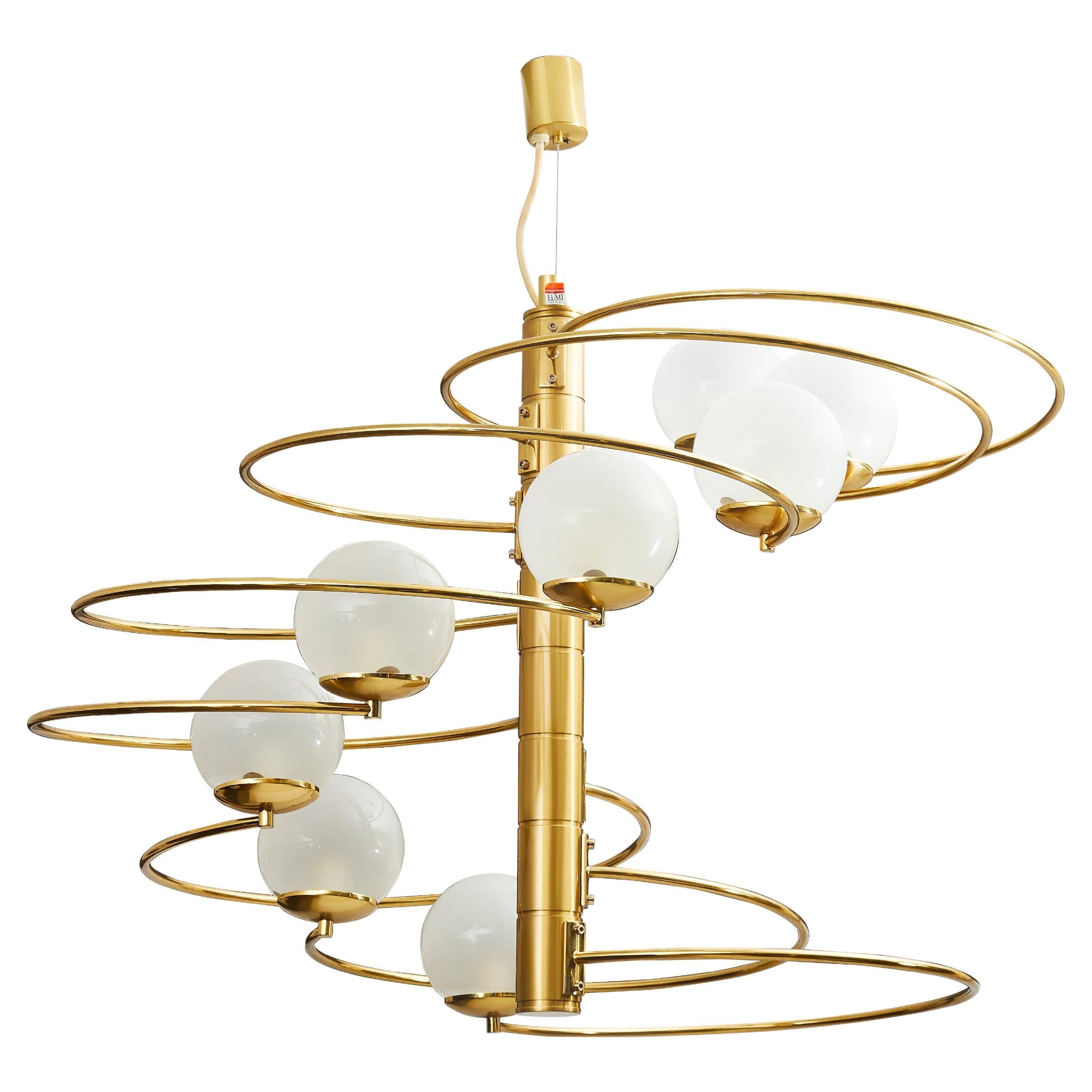 Pair of Mid Century Modern Chandeliers in Brass and Glass by Pia Guidetti Crippa