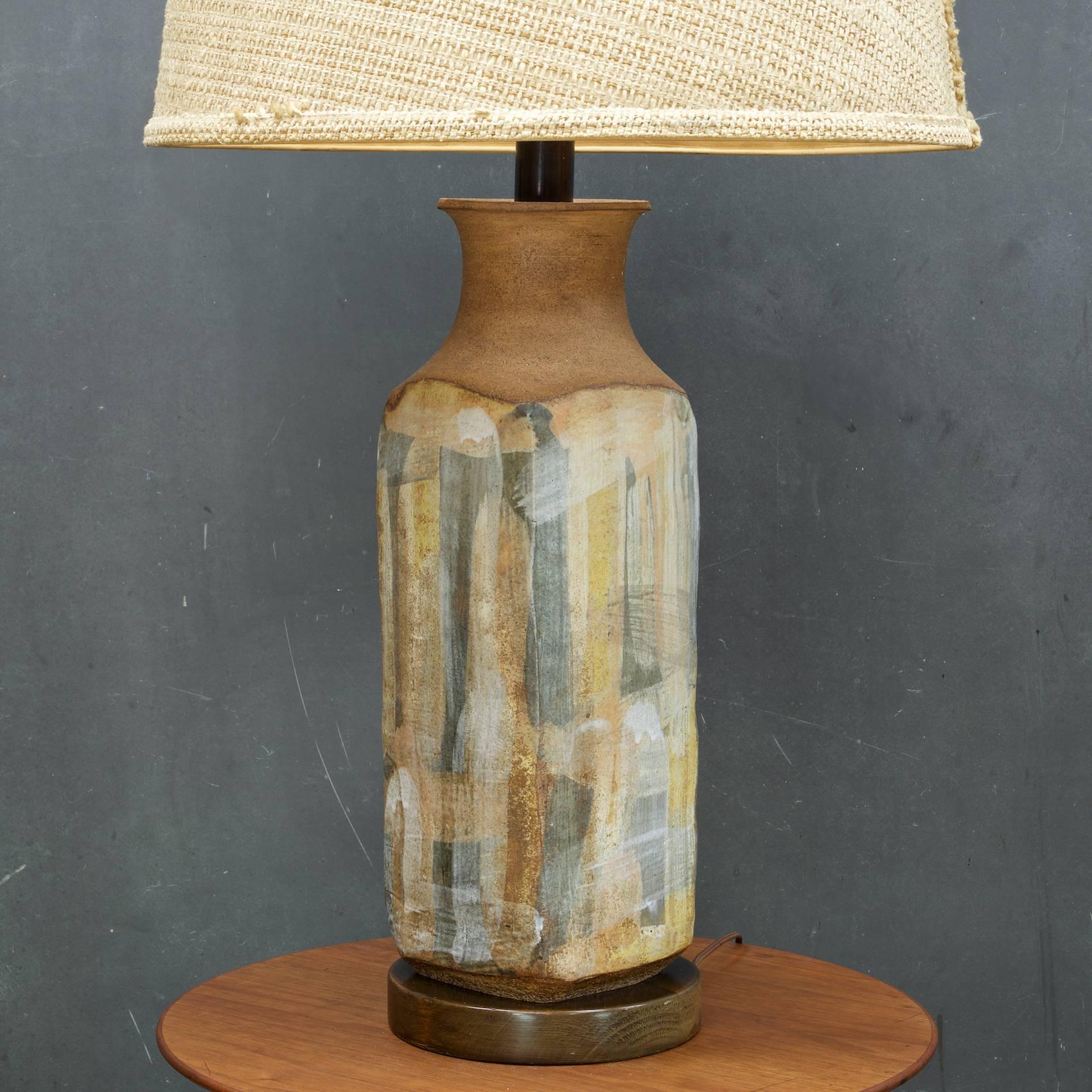 There is no signature on lamp that I can find.

Lamp Body is in Excellent Condition without any damage.   Walnut base and cap. Please Note: The shade shown in the images is in poor condition.

Lamp body W 8 x D 8 x H 21 in. (As photo'd total H 38