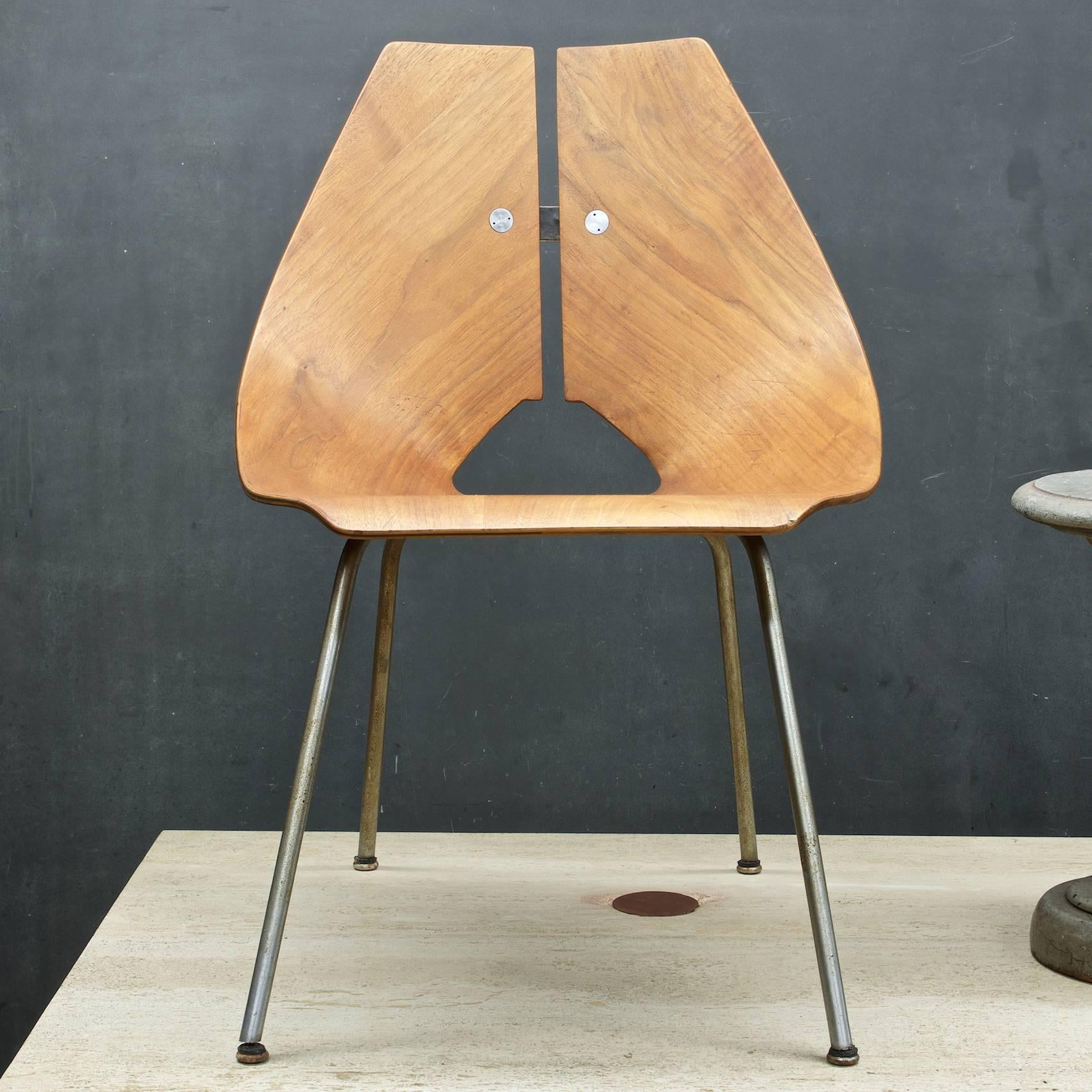 Rare 1949 model #939 bent plywood masterpiece of design mfg. by JG Furniture Company Inc. of Brooklyn, New York.

Ray Komai's molded plywood chair was manufactured in Brooklyn in 1949, using the latest American technology. Although European