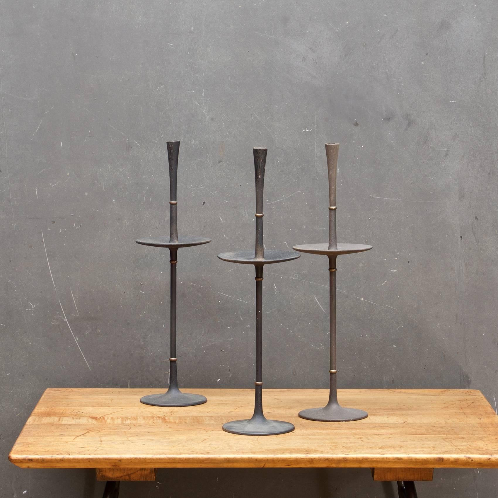 Mid-Century Modern Early Quistgaard Cast Iron and Brass Candlesticks