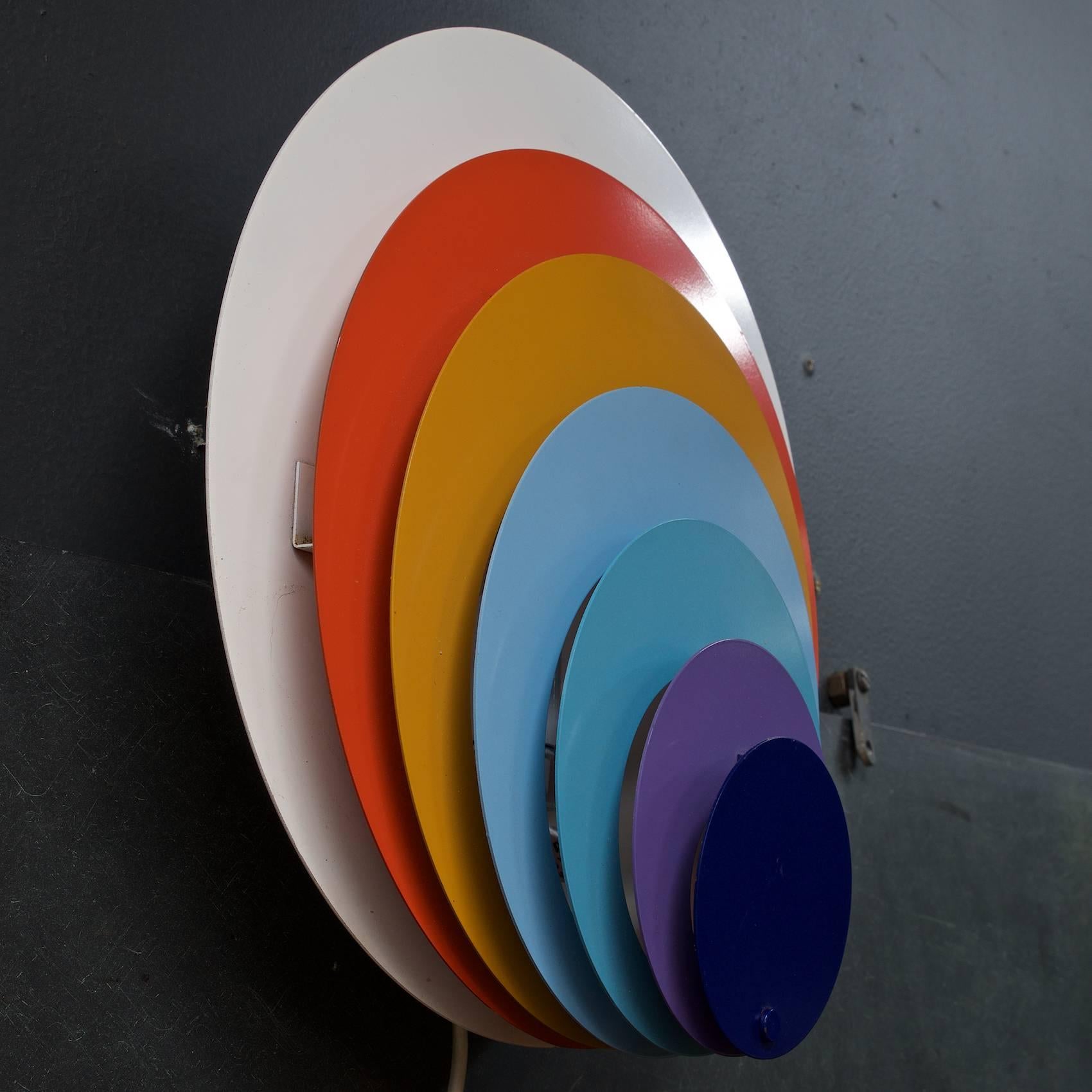 Scandinavian Modern 1960s Lyfa Psychedelic Pop Art Offset Concentric Circles Peacock Wall Sconce