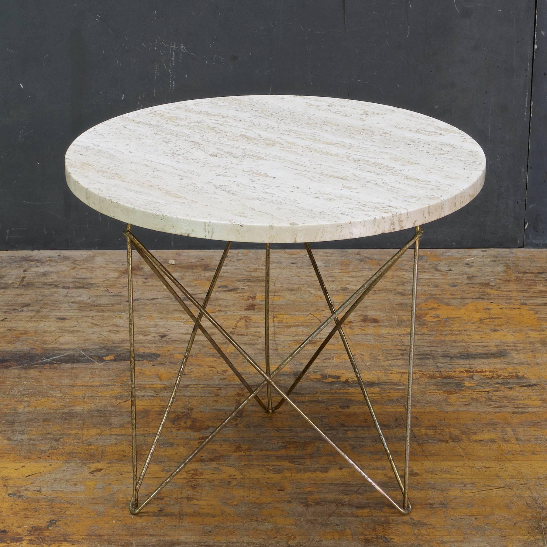 Sea shore weather brass rod/wire pedestal with matte finished travertine top on a back wooden triangular Sub base and brass-plated wire.