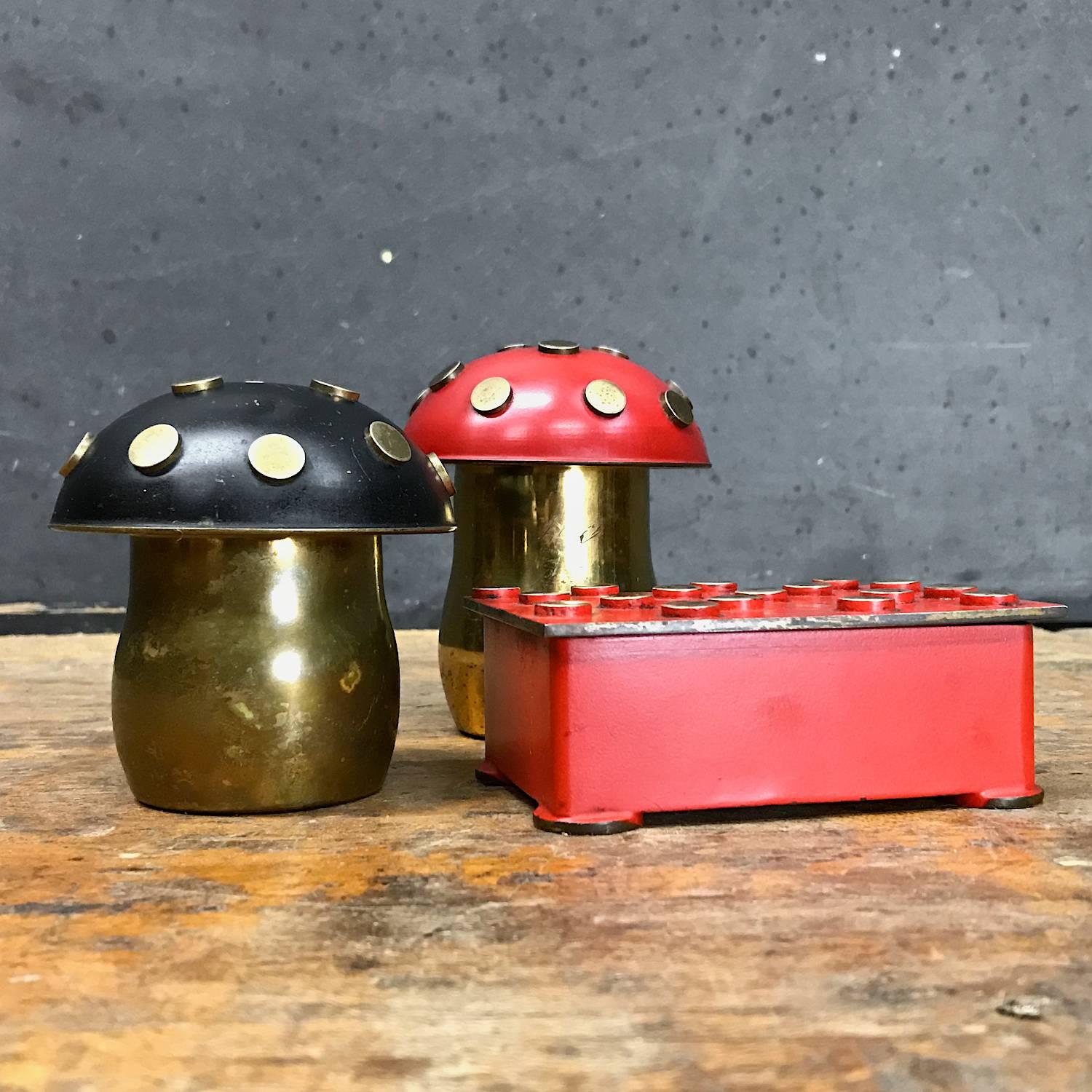 All pieces marked Austria. One mushroom has Argentor symbol, the box appears to be older and is heavier with made in Austria, and 273.

Measures: Box 4 x 3 x 1.5 in.
Blk mushroom dia: 3.25 x h: 3.25 in.
Red mushroom dia: 3.25 x h: 3.75 in.