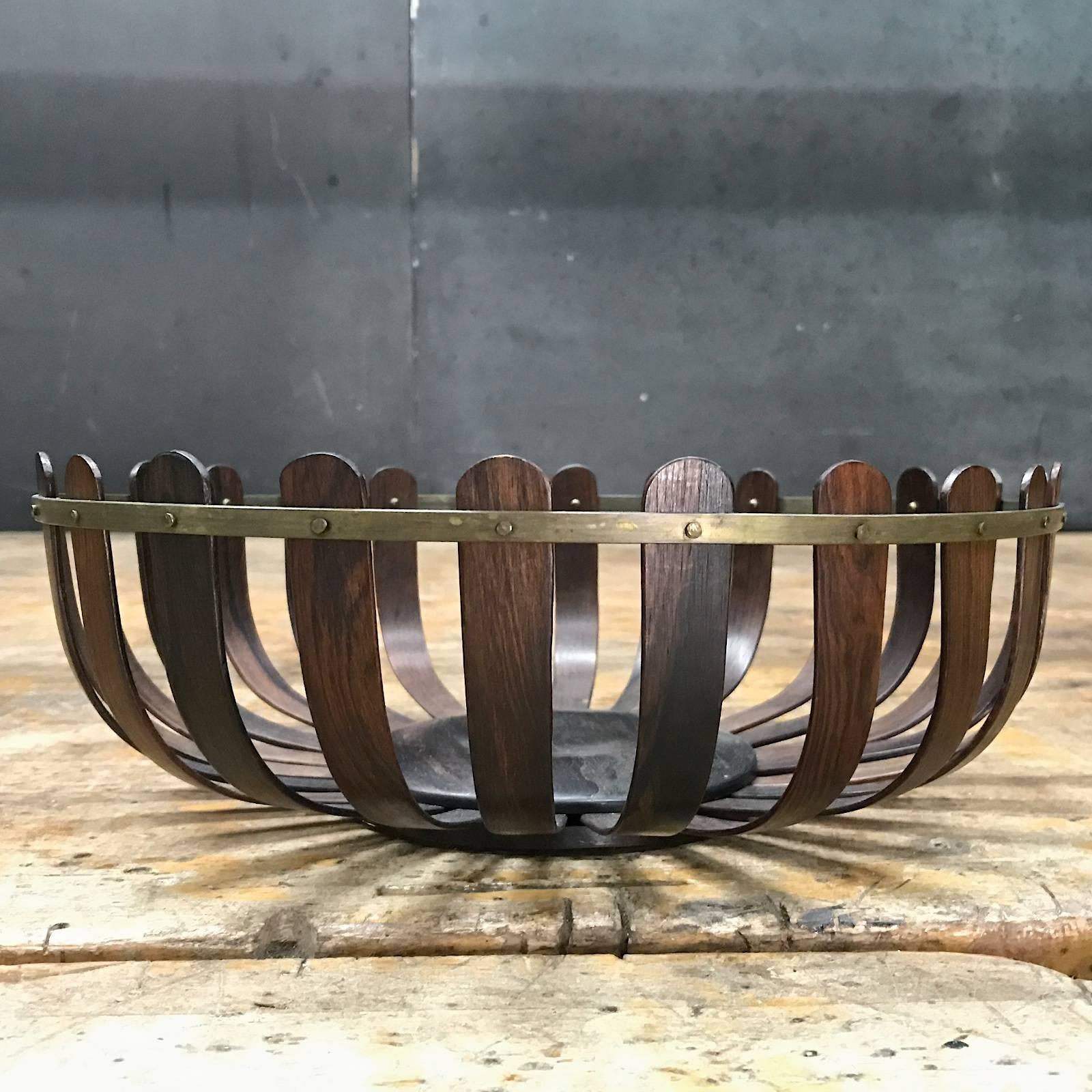 Forged 1950s Brazilian Rosewood & Brass Fruit Bowl Mid-Century Modernist Construction