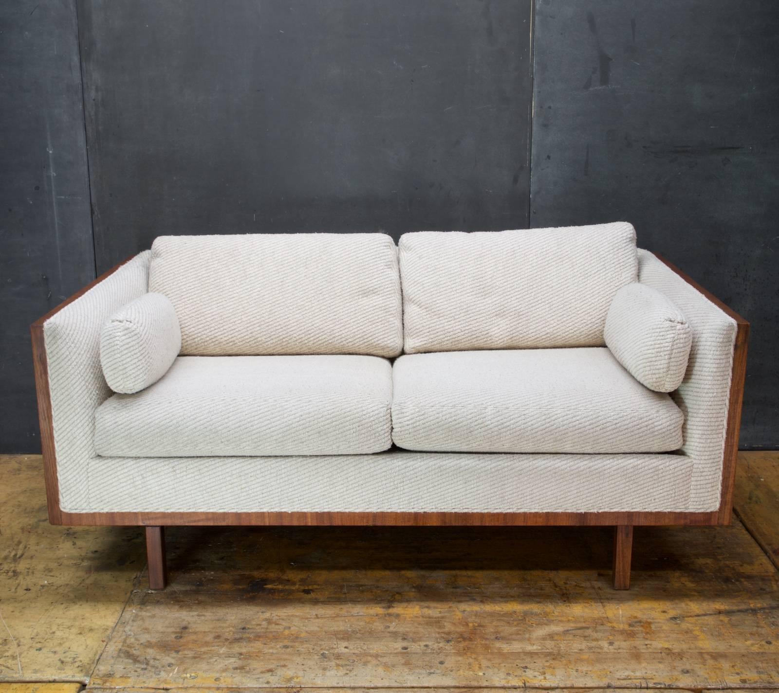 This design is often attributed to Milo Baughman but is not made by Thayer Coggin. Please note this sofa is in older upholstery, around 40 years. Still clean and comfortable but still could use updating.

Measures: W 64.5 x D 35.75 x Back H 26.5 x