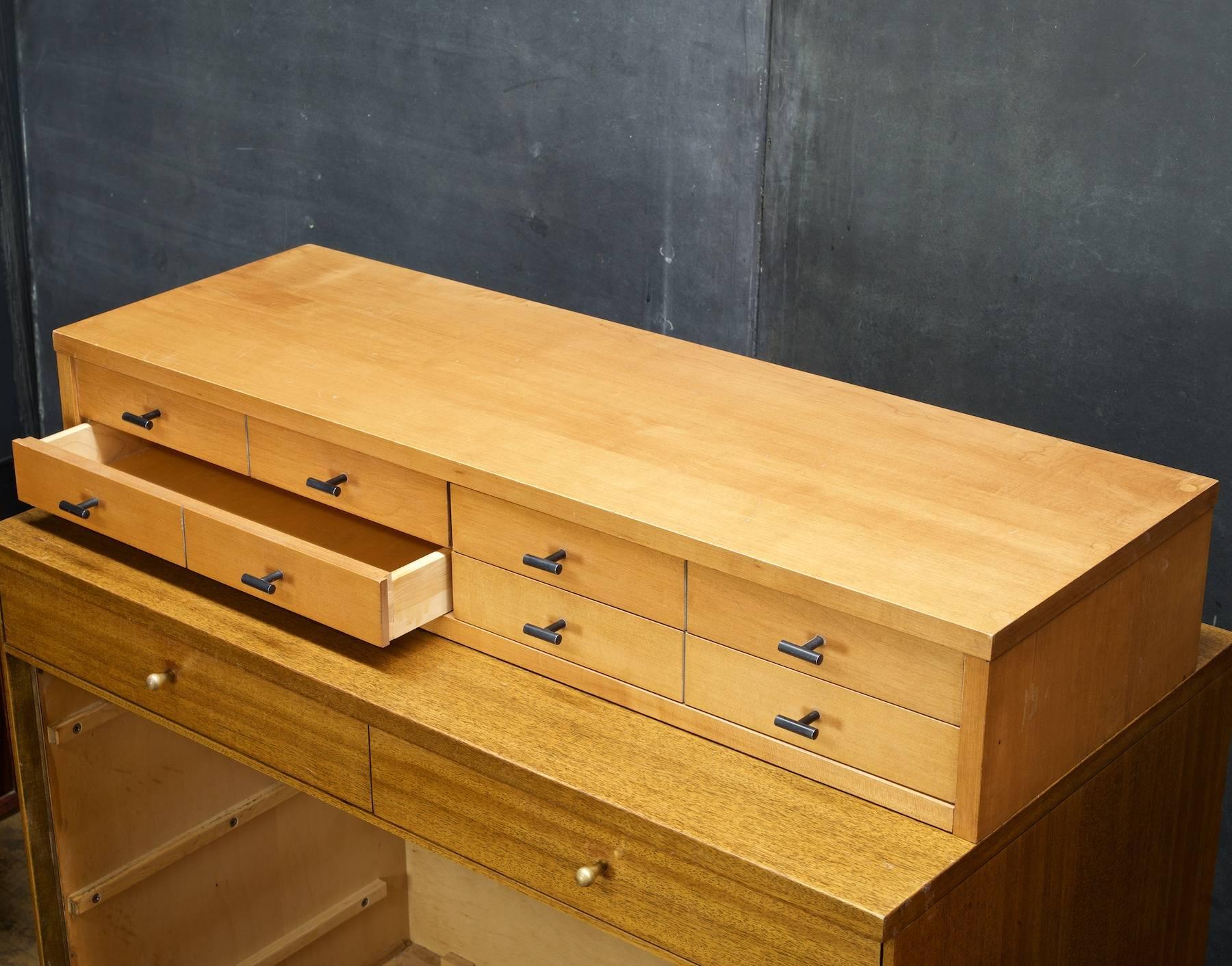 A wonderful tabletop letter cabinet for desktop or atop a dresser.  It is in original unrestored condition and finish.  Some wear to top surface and normal wear throughout.  

Cabinet W 36 x D 12 x H 6 in.
Each Drawer Interior W 16 x D 10 1/4 x H 1