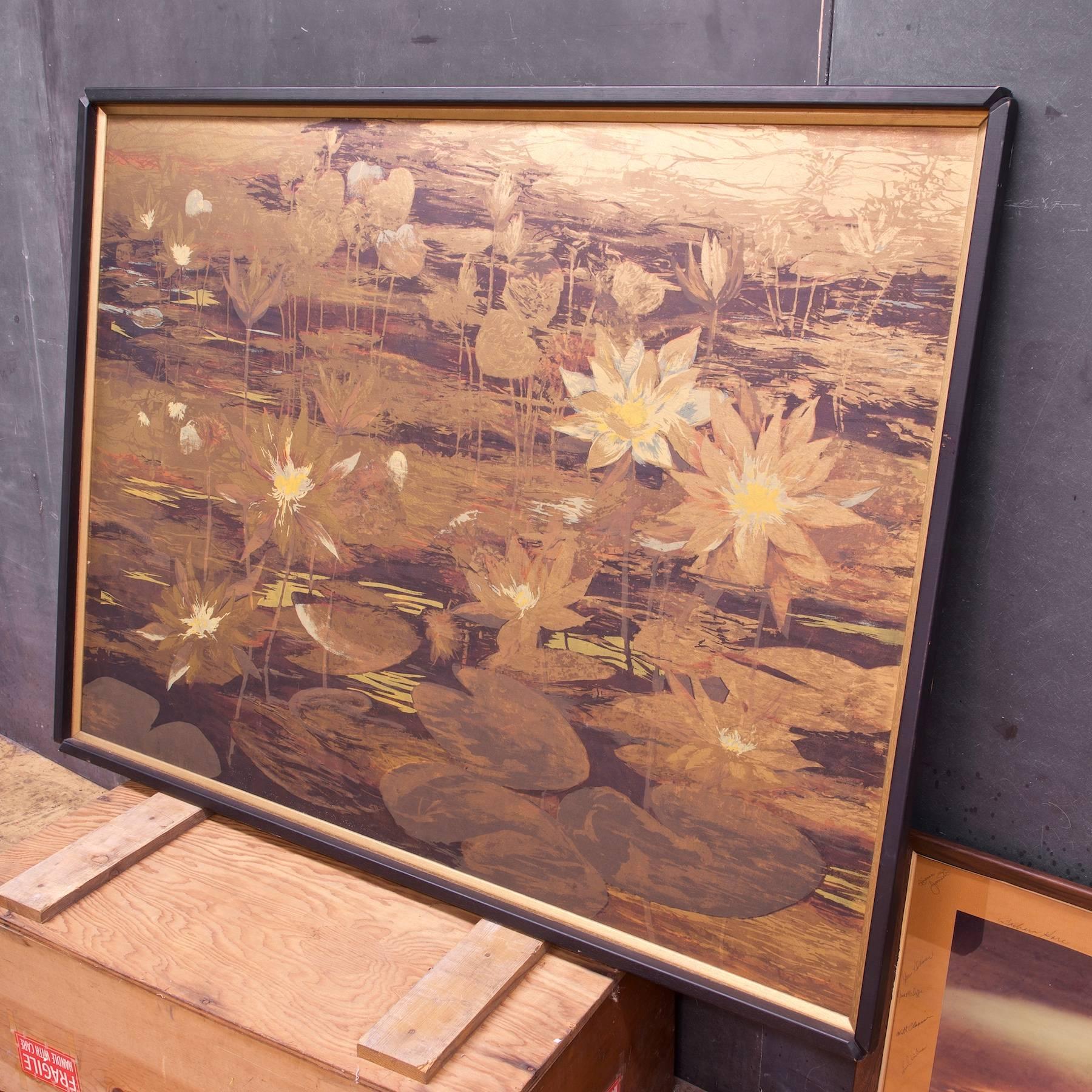 USA, circa 1960s. Lyn Howley Water Lilies Studio editions lithograph on framed board. Monumental size, in Earthtones, Metallics and Golds. Made in Culver City California, by Van Amstel Company. 
Approx. 5 foot by 3 foot.